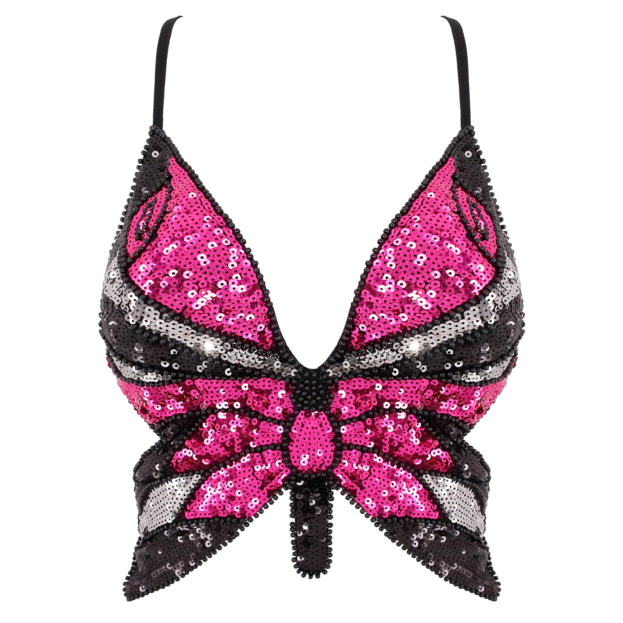 Top da donna sexy a forma di farfalla con paillettes crop top fasciatura pizzo canotta danza del ventre top costumi abiti, Nero Rosa Argento, Taglia Unica