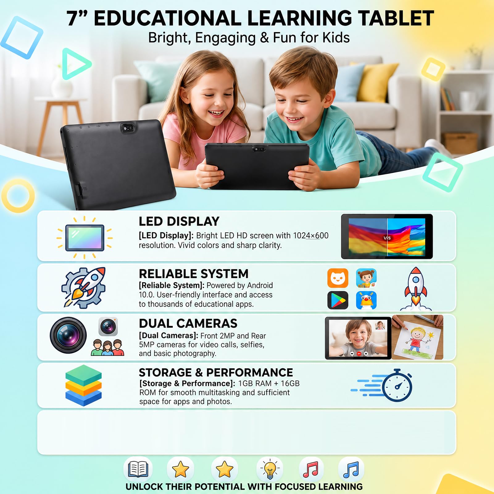 Tosuny Tablet per Bambini da 7 Pollici, 1 GB di RAM 16 GB di Spazio di Archiviazione, Schermo LED HD 1024x600, 10.0, Fotocamera Anteriore da 2 MP Posteriore da 5 MP, Batte (Black)