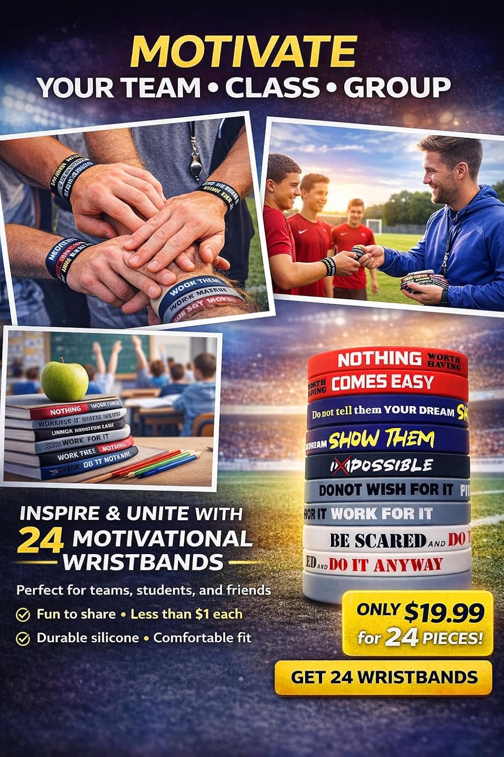 12 Pack Motivational Silicone Wristbands for Men, Women & Teens, Sport Team, Student Rewards Rubber bracelets 12x8” with Inspirational Quotes, Unisex Design for men, gifts for boys