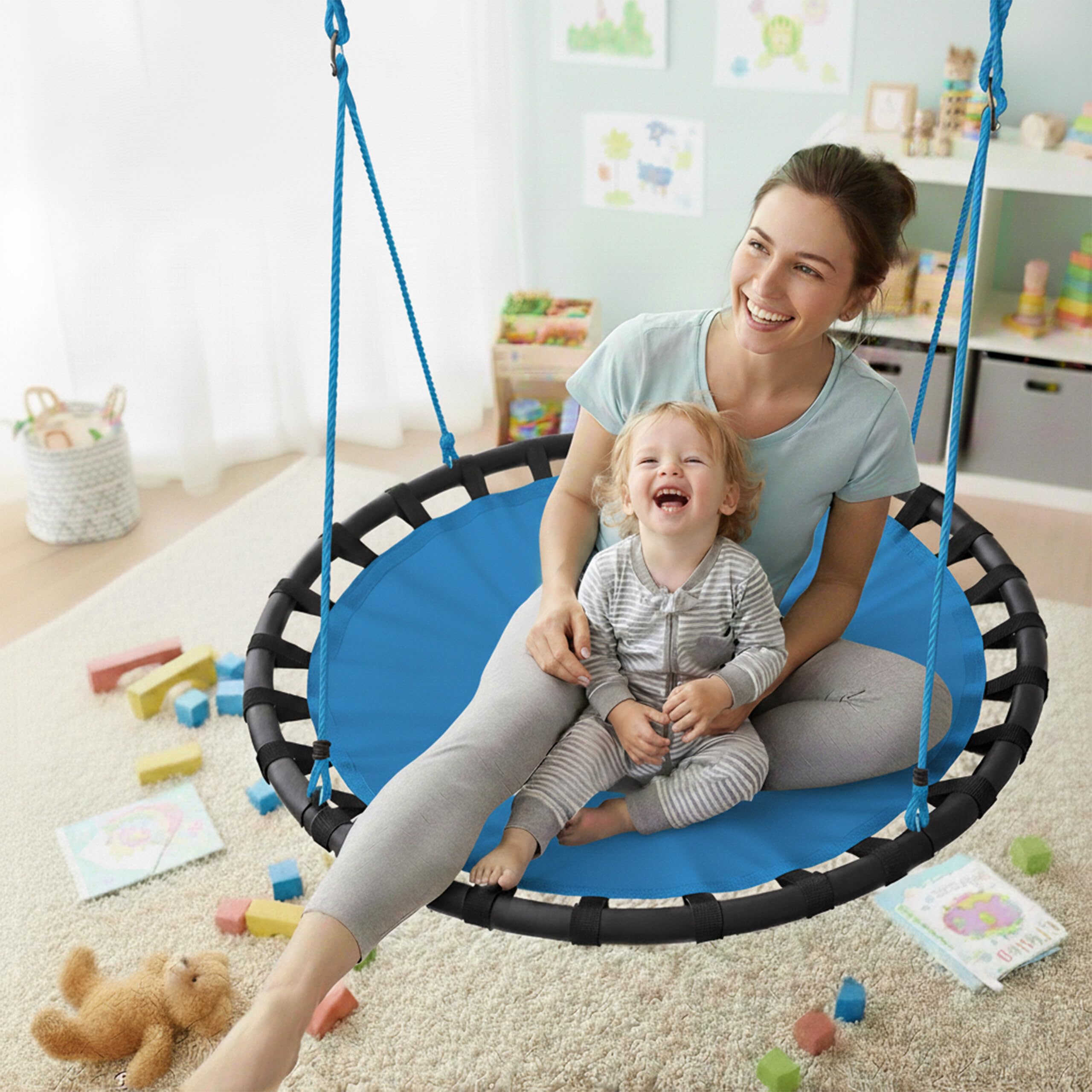 Relaxdays Huśtawka gniazdowa, okrągła huśtawka wisząca, dla dzieci i dorosłych, regulowana, na zewnątrz, Ø: 80 cm, do 100 kg, niebieska