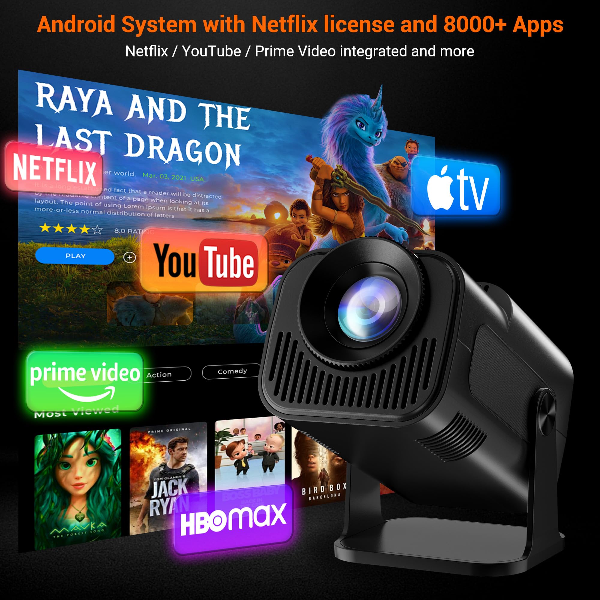 Proyector Mini, 4K Ultra HD, 15000 Lúmenes, Sistema Android, Proyección Inalámbrica WiFi 2.4GHz/5GHz & BT, Interfaces HDMI/USB/AUX, 4 Modos de Proyección, Portátil para Cine en Casa, Dormitorio