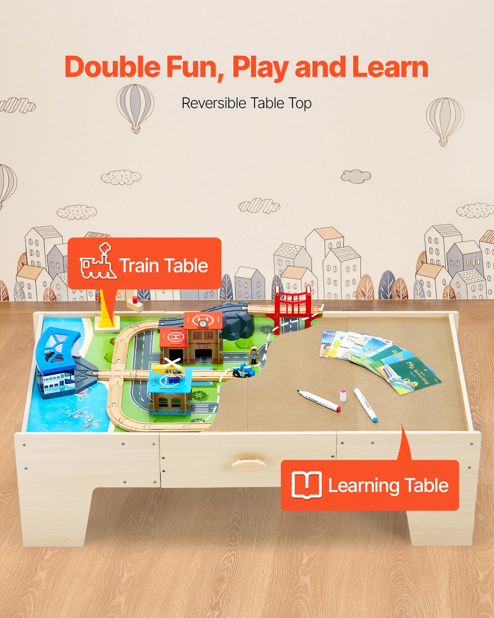 VEVOR Holz Aktivitätstisch, 62-teilig, Kindertisch mit großer Schublade, 3-in-1-Eisenbahnset zum Spielen, Malen, Lesen, Essen, kreatives Spielzeugset für Kinder ab 3 Jahren