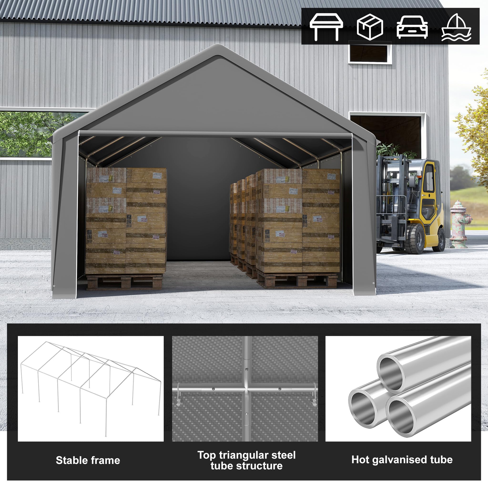 LZQ Tenda da magazzino, 4 x 8 m, tenda per attrezzature, casetta degli attrezzi e garage con robusto telo in polietilene, resistente alle intemperie, con rinforzo sul tetto e telaio per attrezzi