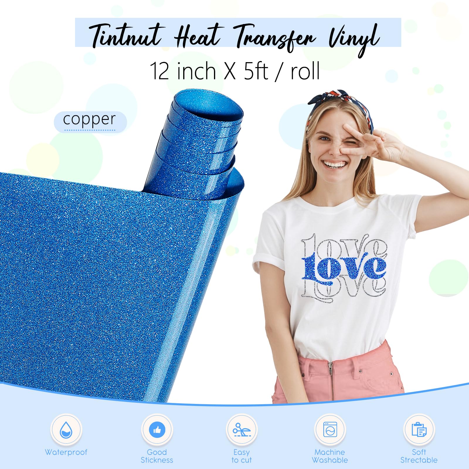 Tintnut Rollo de vinilo HTV con purpurina azul, 12 x 5 pies, vinilo de transferencia de calor con purpurina azul, vinilo brillante para planchar para camisetas con purpurina HTV compatible con Cricut