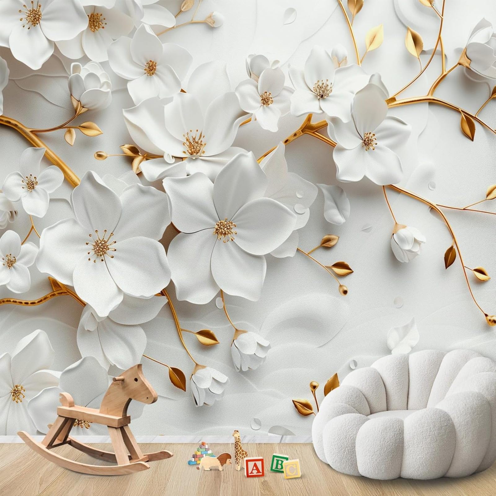 Hgjdjhnf 3D Mural Photo Wallpaper Flowers 3D Effect White Gold Branches Non-Woven Modern Wallpaper Living Room Bedroom Children's Room Wall Decoration Motif Wallpaper,430Cmx300cm Stickers - Frameless Painting - Poster