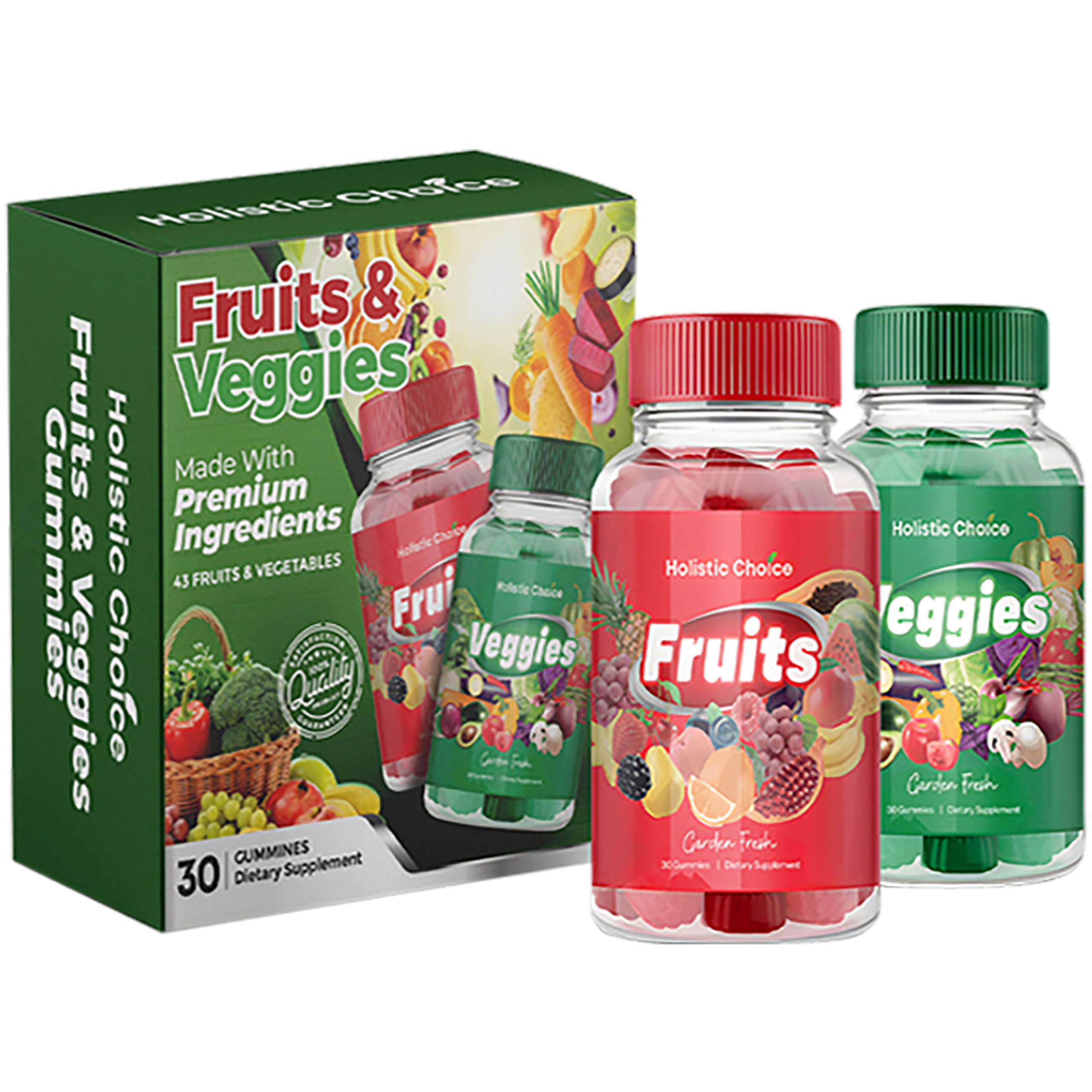 Fruits & Veggies Gummies - Delicious Superfood Vitamin Supplement for Adults & Kids | 1 Fruit & 1 Veggie Bottle, Red & Green - Made Proudly in USA and Contains Real Ingredients.