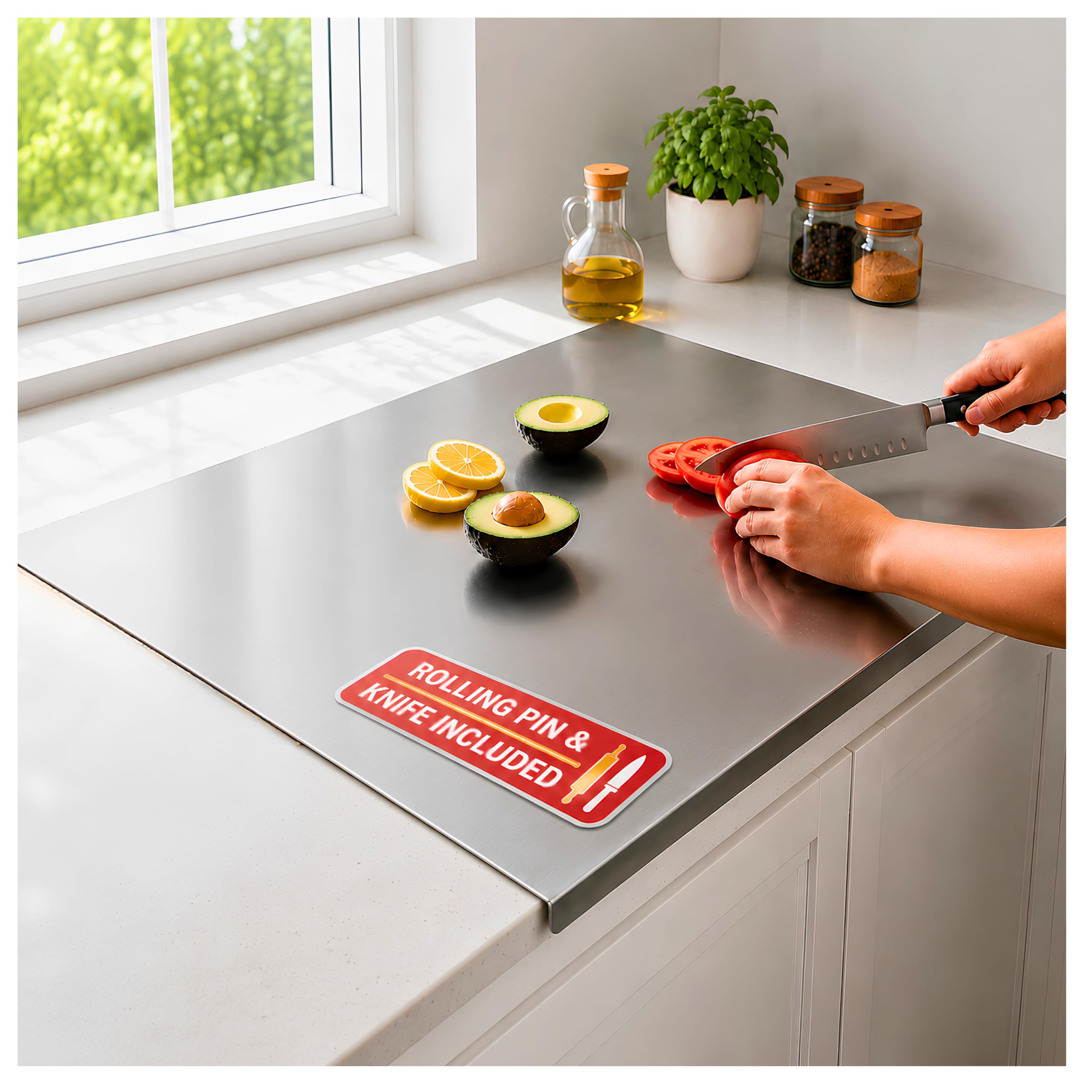 OrganizeMee Steel Chopping Board for Kitchen Large | Fruits and Vegetables Cutting Rust-Proof Cutting Board Platform Countertop Pad Cutter | (60 Cm Widex47 Cm Deep +25 Mm Bend) | A Must Kitchen Tools