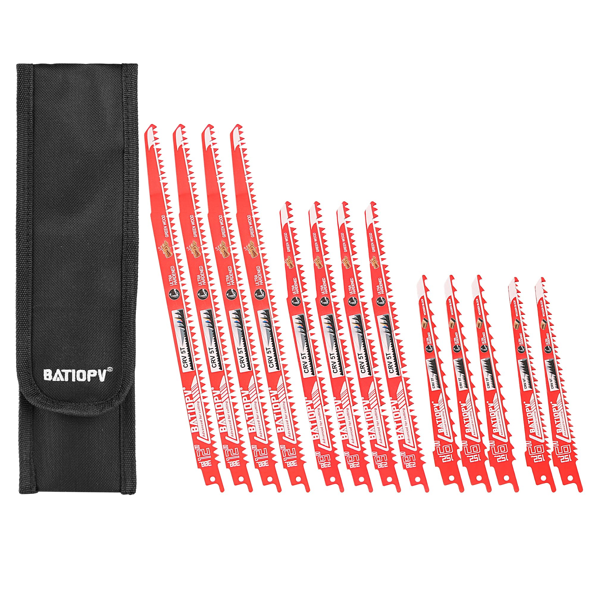 BATIOPV Reciprocating Saw Blades 12 Piece Set for Wood – HCS Blades for Hard & Soft Wood, MDF, OSB, Laminate & Construction Timber – Extra Sharp Teeth – 1/2" Universal Fit