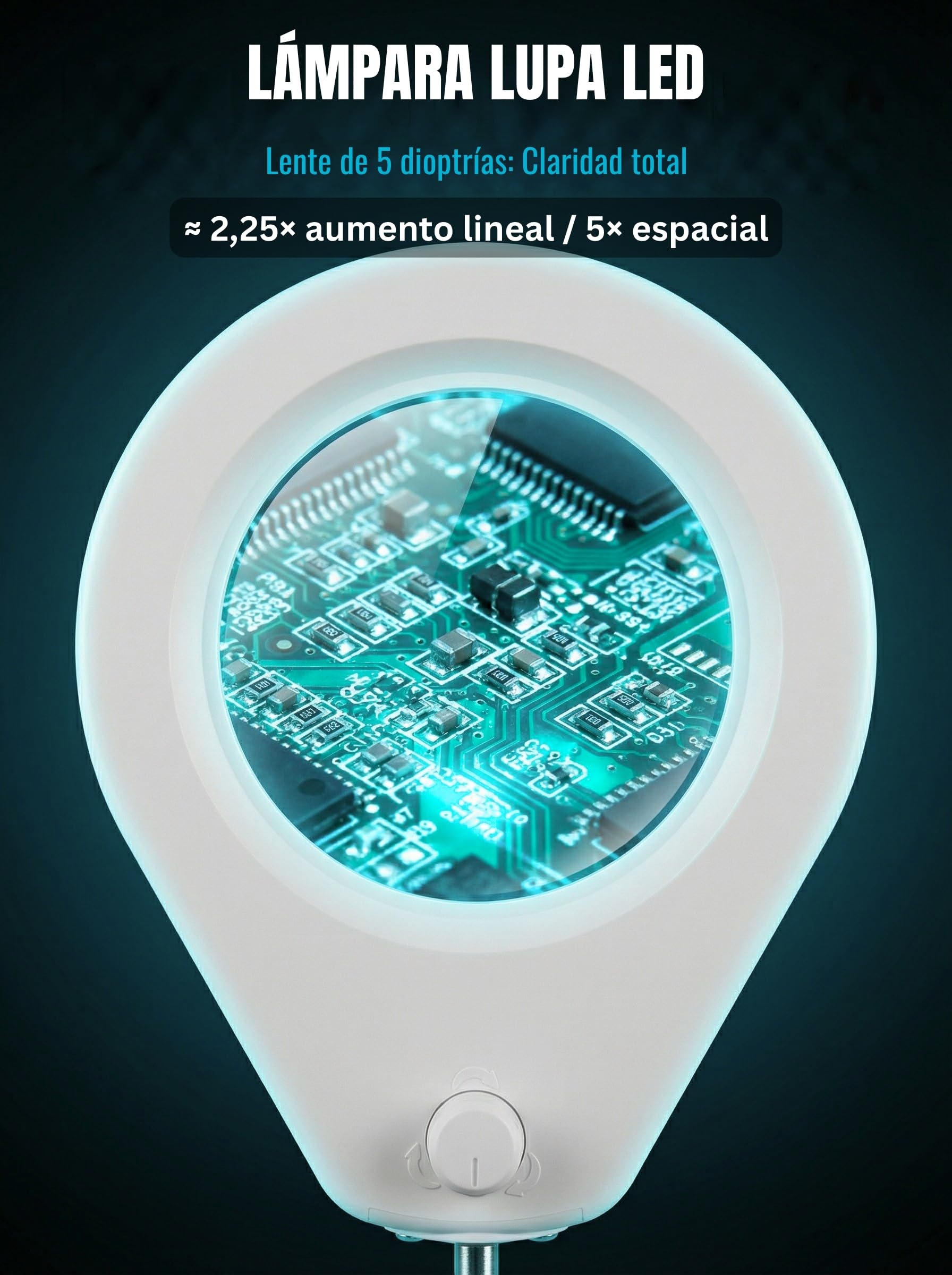 Lámpara de Aumento con Cristal de 5 dioptrías, Abrazadera de Acero de 6,4 cm, LED Regulables, Brazo Giratorio de 90 cm, diseño de Confort óptimo para esteticistas, Aficionados y Artesanos