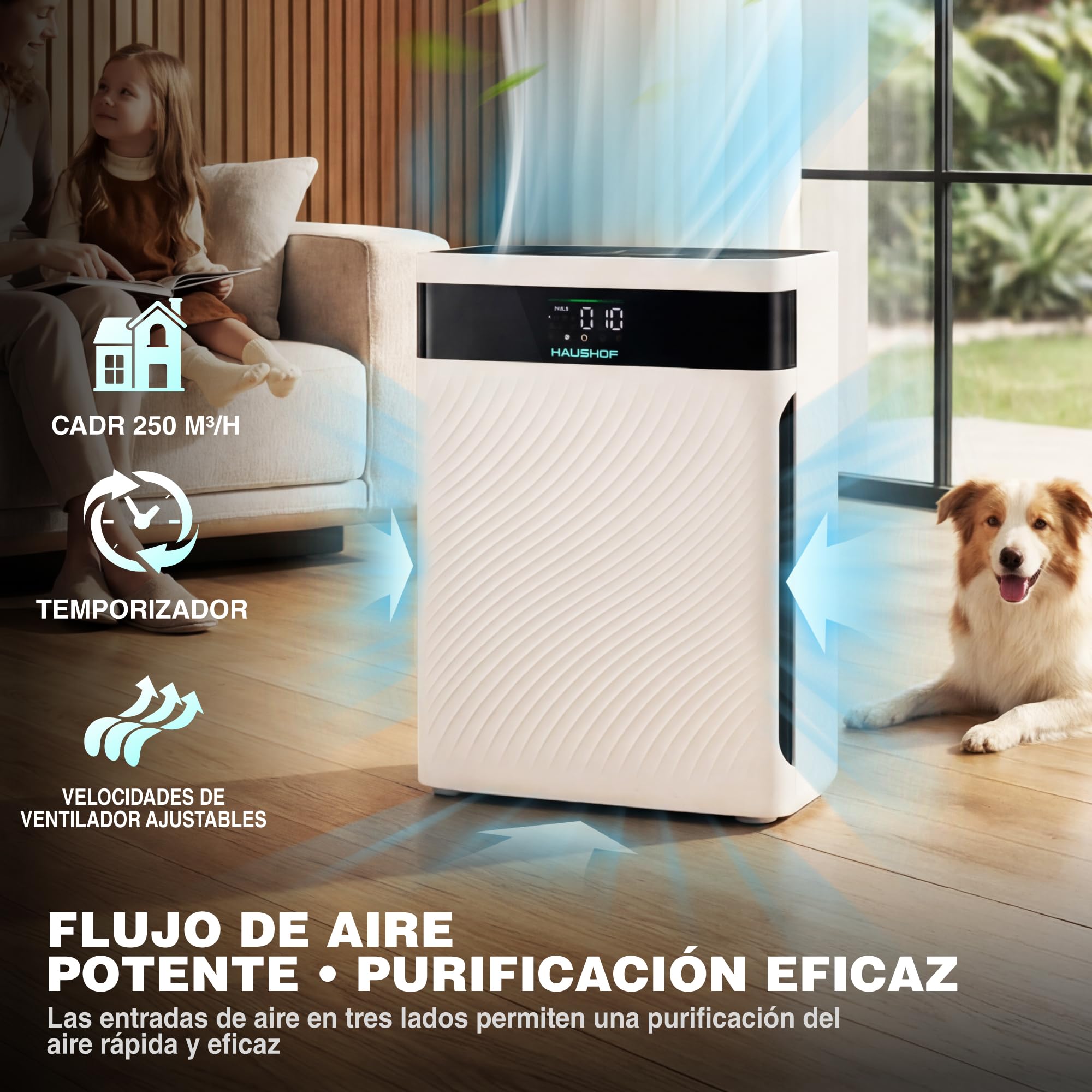 HAUSHOF Purificador de Aire con Filtro HEPA H13 | para Alergias, Polen, Humo, Caspa De Mascotas y Olores, Modo Mascota y Reposo, Silencioso 30dB