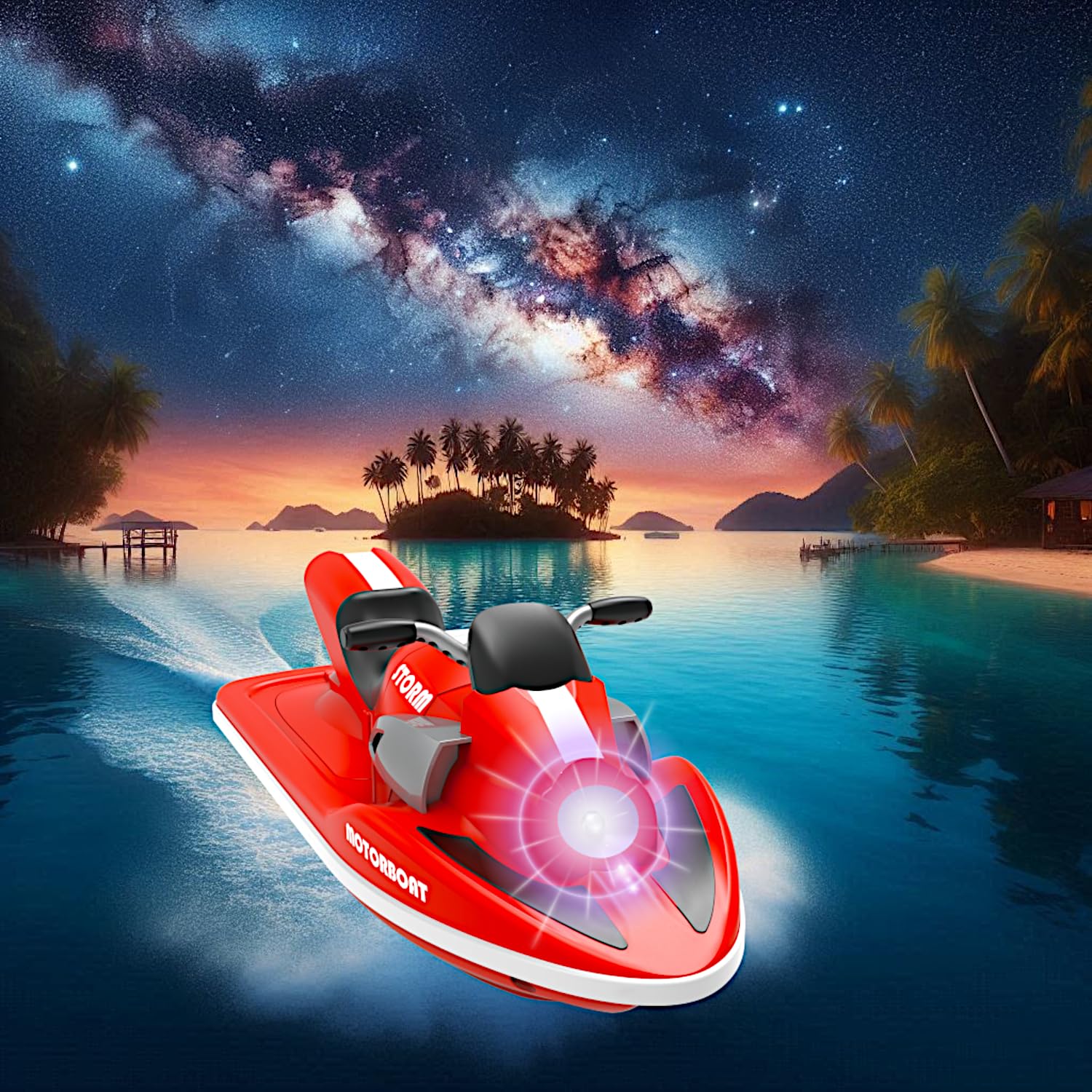POCO DIVO Storm Motorboat Surf Jet Ski, 1/47 RC Model Boat, 2.4Ghz Radio Remote Control Speed Watercraft, Pool Lake Pond Dual Motors LED Light Toy Ship, Kids Gift Adults Water Fun, Red