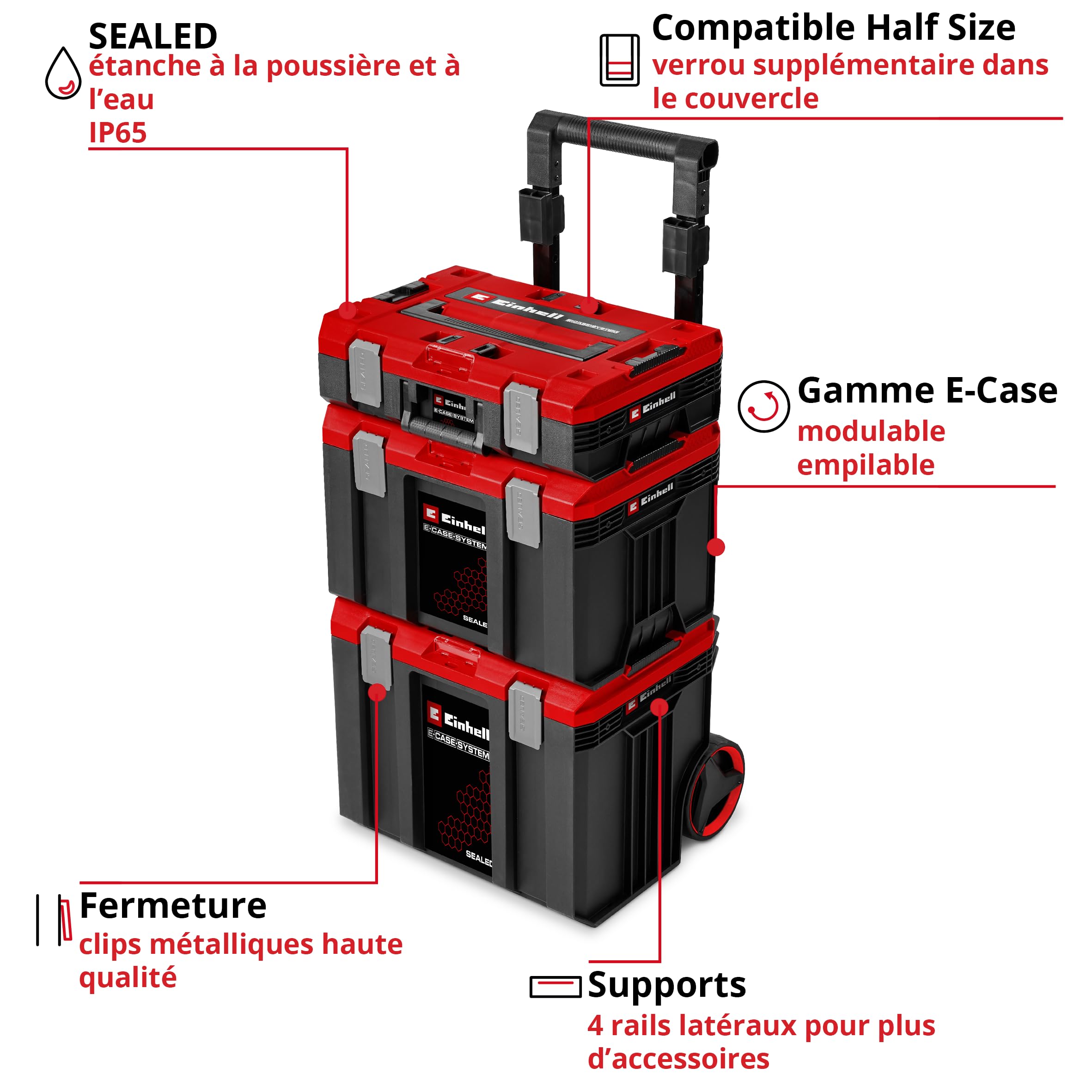 Original Einhell E-Case Rolling Workshop SEALED (servante d’atelier composée de 3 mallettes, max. 120 kg, étanche à la poussière + projections d’eau, 44 x 40 x 70 cm, avec rails latéraux)
