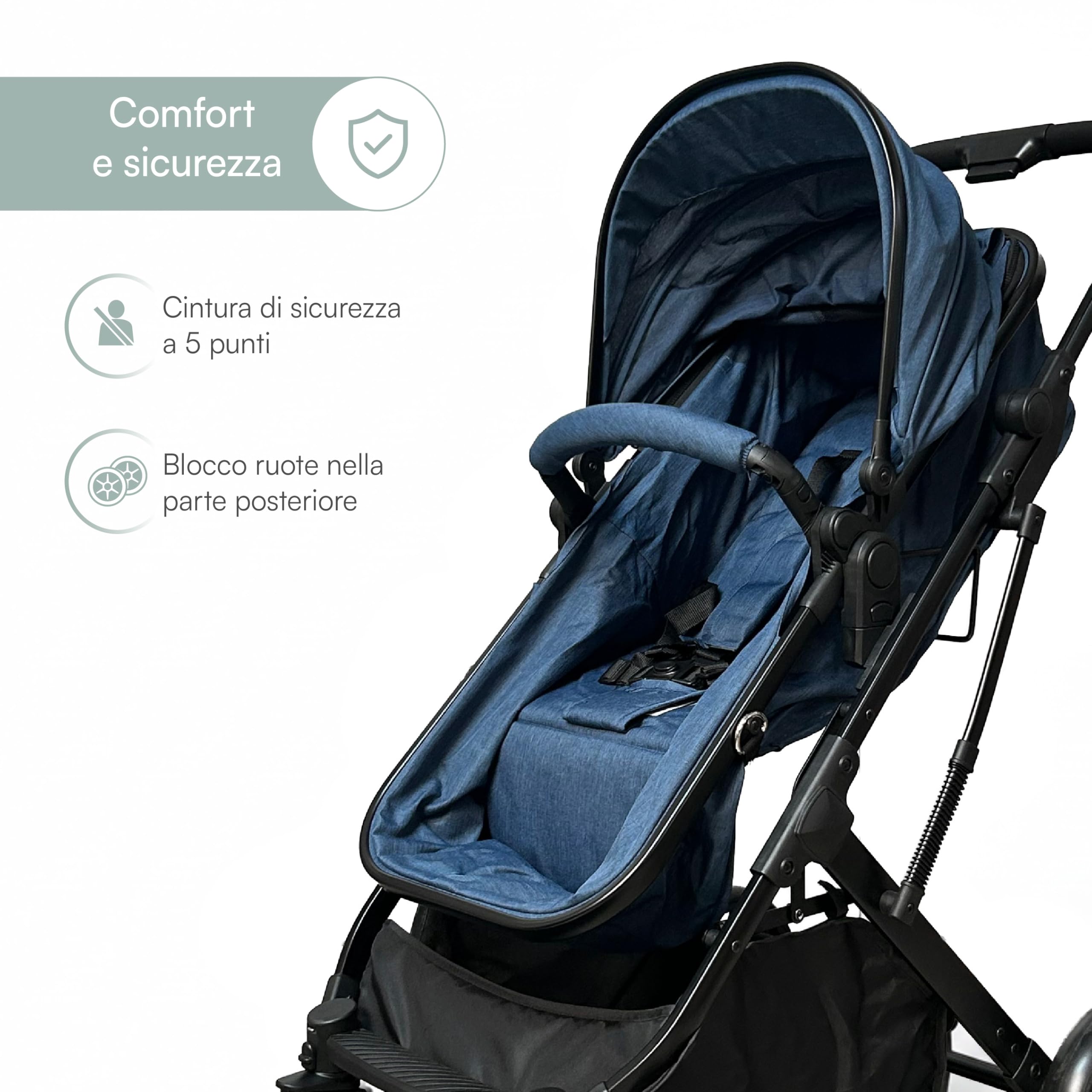 Passeggino Trio 3 in 1 con Navicella, Ovetto e Borsa Mamma, Reversibile, Schienale Reclinabile, Chiusura Compatta, 6-36 Mesi (Blu)