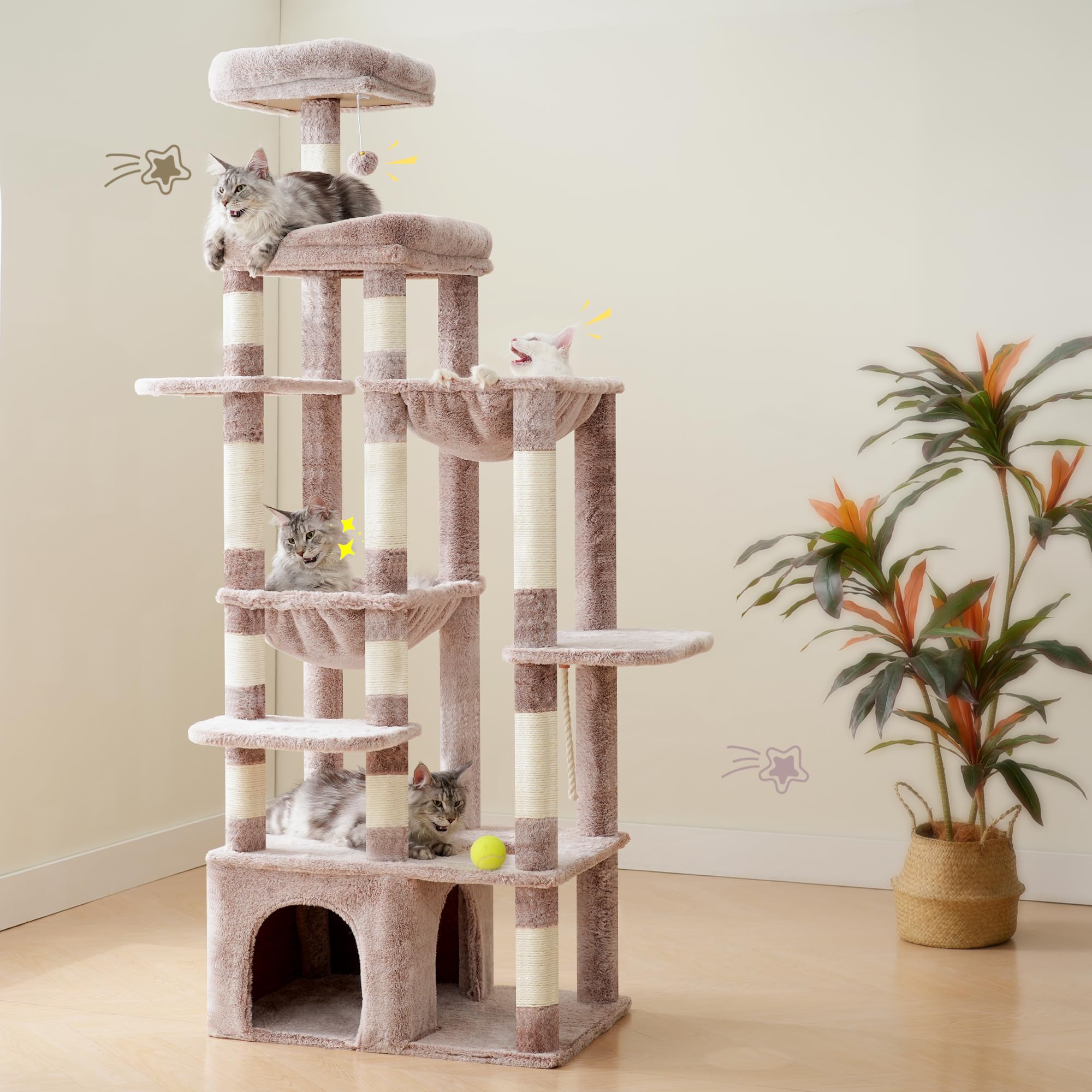 Heybly Tiragraffi Per Gatti, Albero Alto 180 Cm Con Base XL Stabilissima, Piattaforma Ampia E 2 Amache, Progettato Di Razza Maine Coon, Beige Marrone HCT037MU