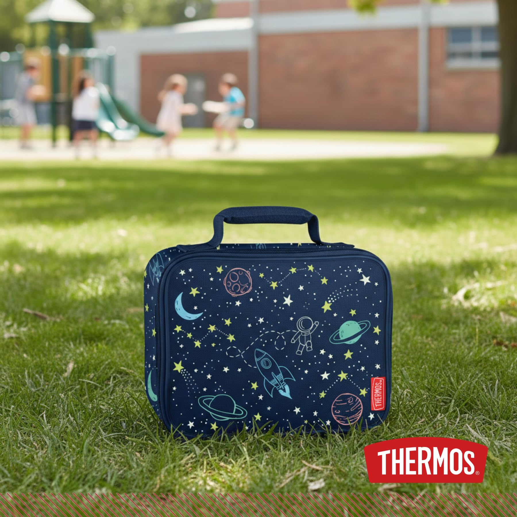 Thermos Sac à déjeuner isotherme pour enfant - Motif astronaute et espace - Bleu - 4 l - Avec sangles réglables et compartiments latéraux - Idéal pour la maternelle et la crèche - Sans BPA et PVC