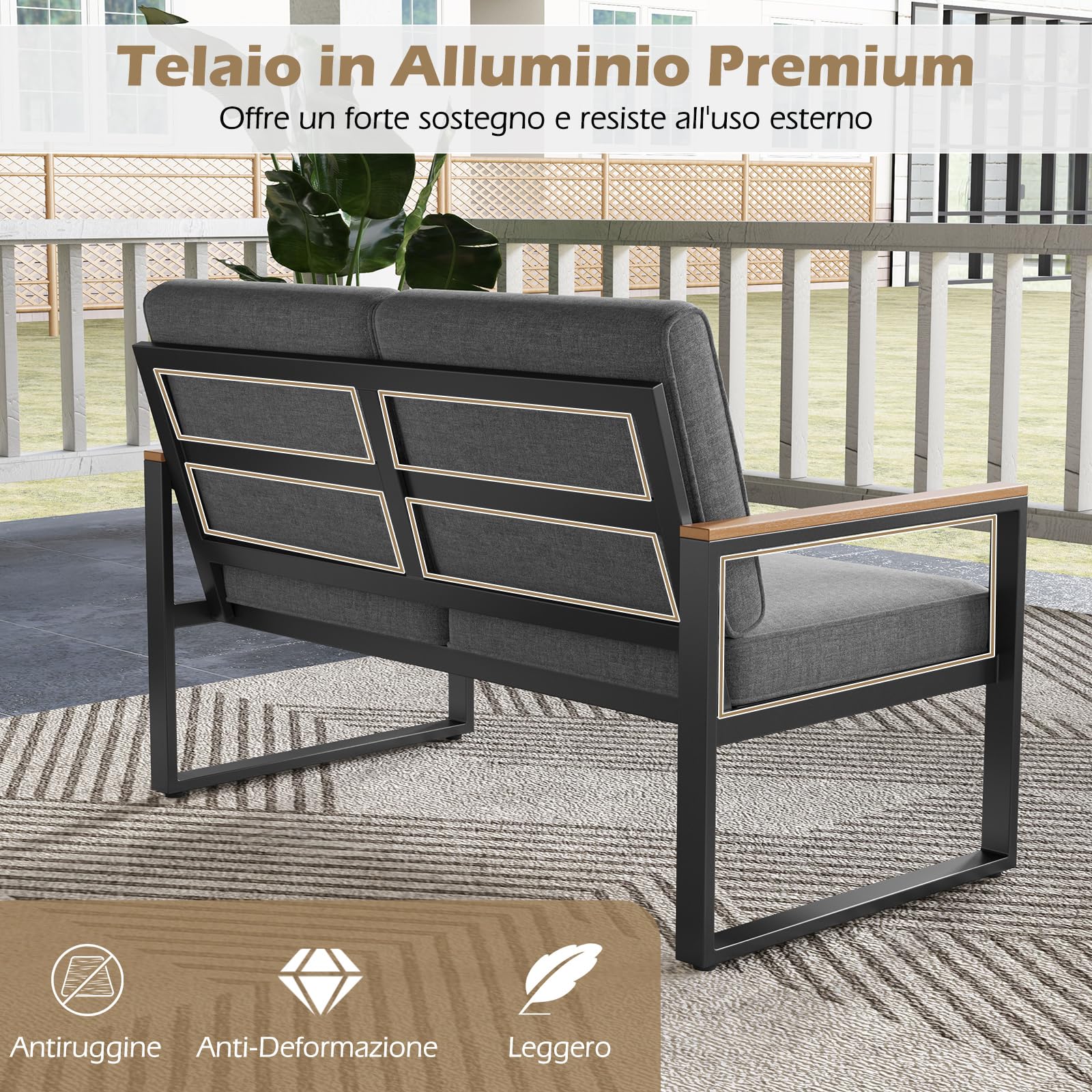 COSTWAY Set da Giardino in Alluminio a 2 Pezzi, Set Tavolino e Poltrona da Giardino, Set da Conversazione da Esterno, Divano Sezionale Imbottito con Tavolino da Caffè, per Cortile Balcone