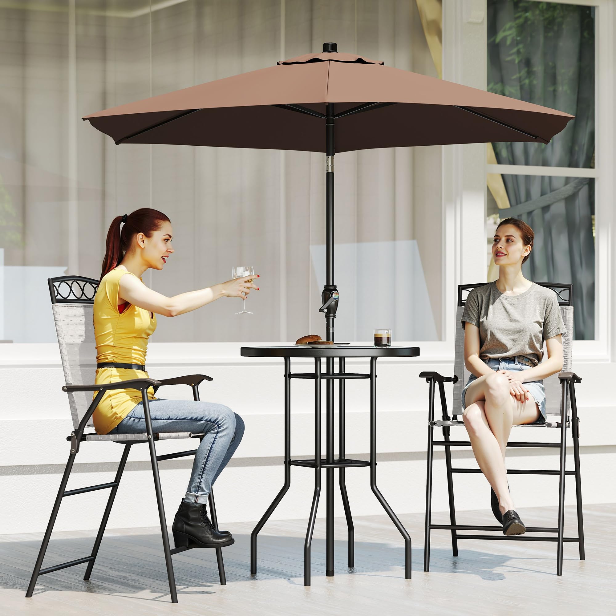 Juego de 4 muebles de comedor para patio al aire libre, 2 sillas plegables, paraguas de ángulo ajustable, mesa de comedor de vidrio templado con textura ondulada, color beige 9