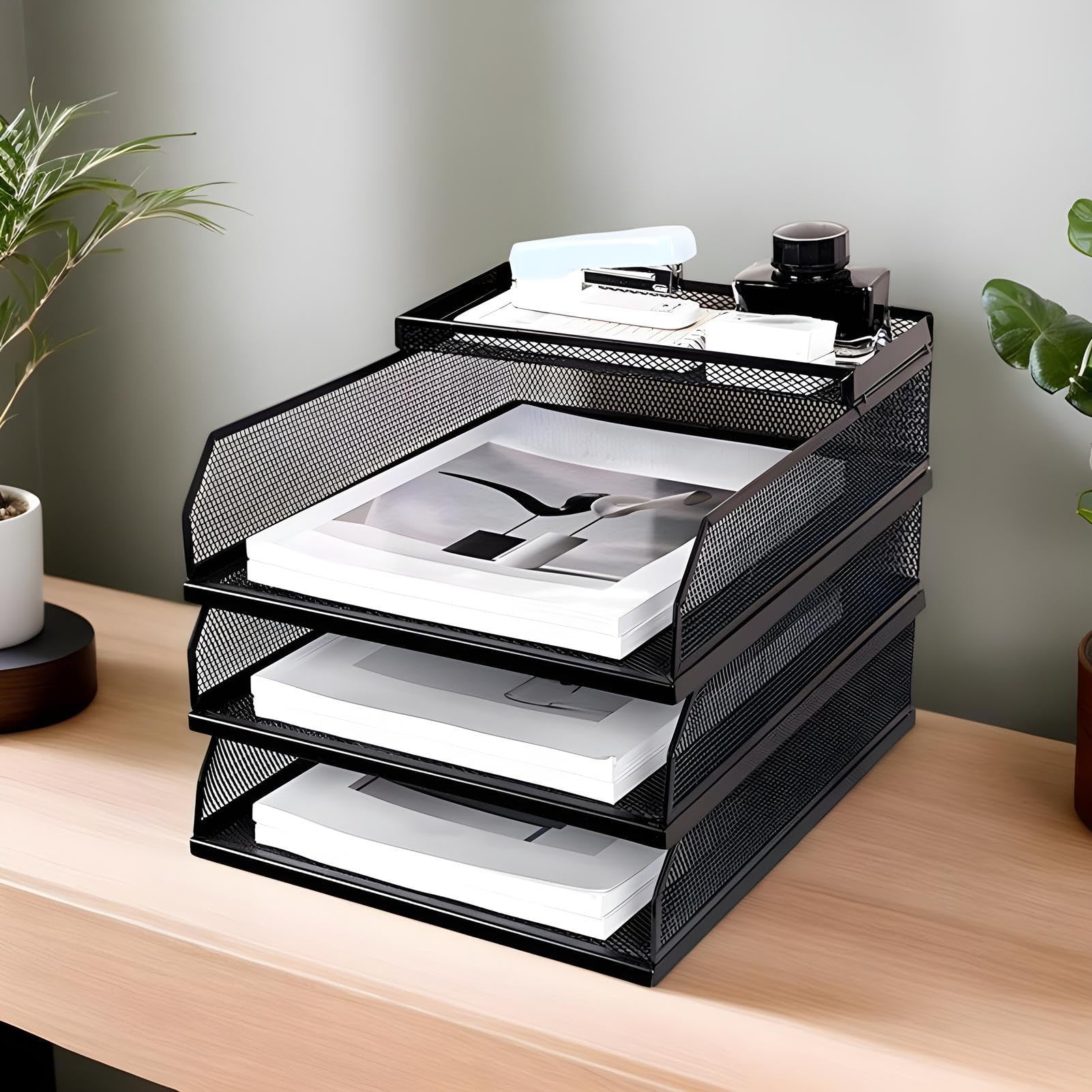Podajniki na biurko Organizer na dokumenty i teczki z możliwością | Metalowa siatkowa wielopoziomowa sztaplowalna taca papierowa Domowe biuro, szkoła, , praca, biurko, szuflada, półka