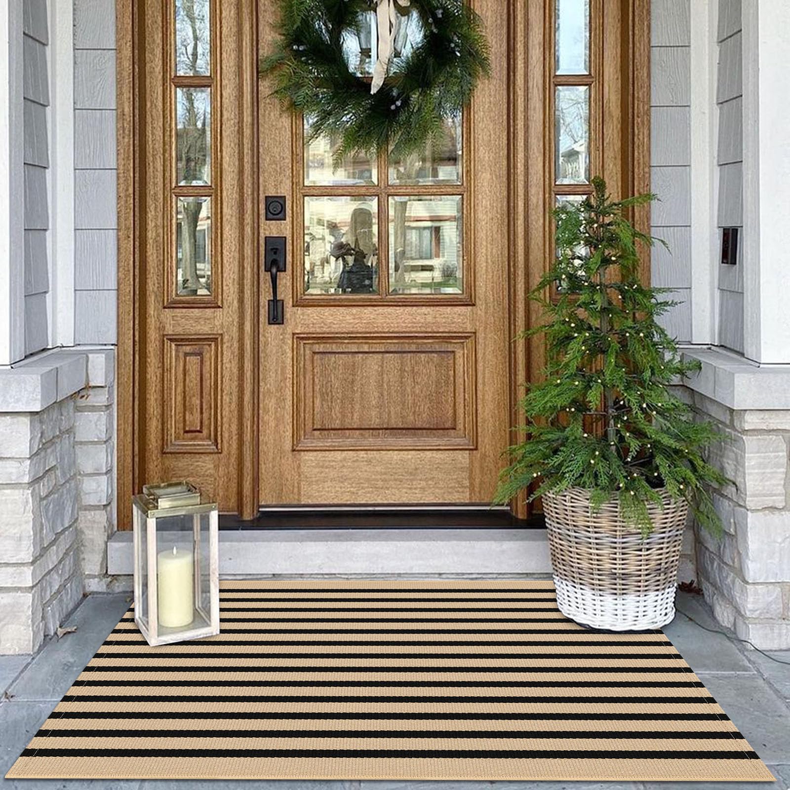 KOZYFLY Brown and Black Striped Porch Rug 27.5x43 Inches Area Rug Washable Outdoor Doormat Front Door Mat Cotton Striped Indoor Outdoor Rugsfor Front Door Kitchen Entryway Patio Porch