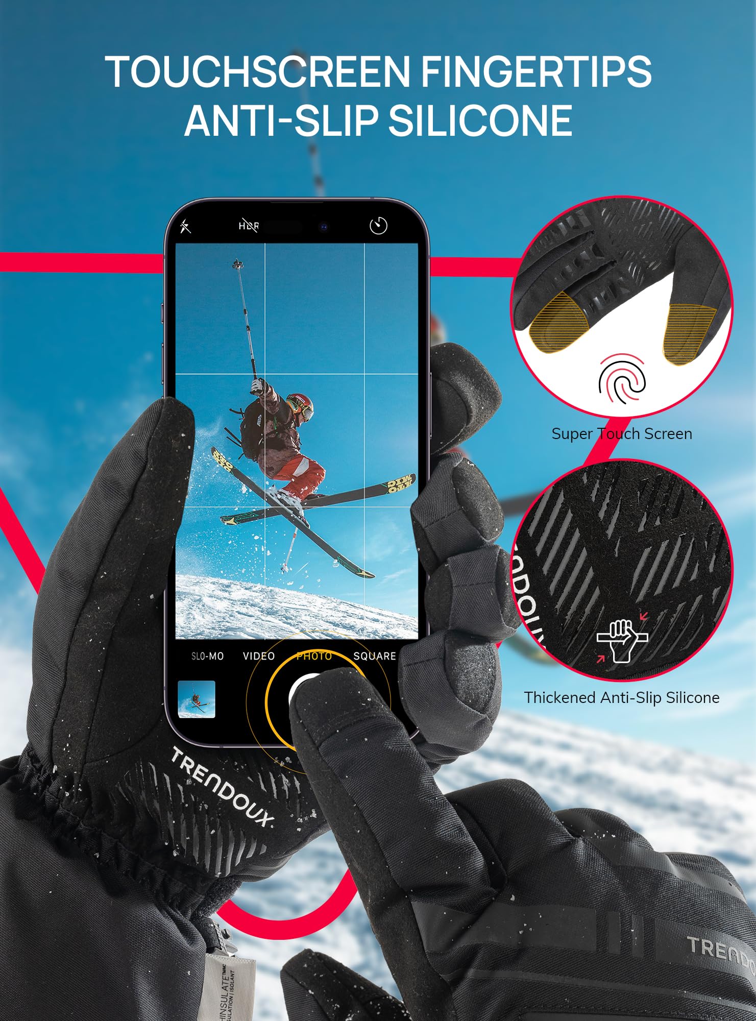 TRENDOUX Guanti da Sci Invernali Impermeabili: Guanti Termici Touch Screen Tempo di Freddo Estremo per Uomo Donna, 3M Thinsulate Caldi Ideale per Snowboard Running Neve Scooter Riscaldati Moto