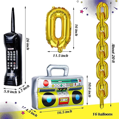 Miniatura 2 de Suministros de decoración para fiestas de los años 90, incluye radio, fondo inflable Boombox, teléfono móvil inflable y globos de cadena de lámina