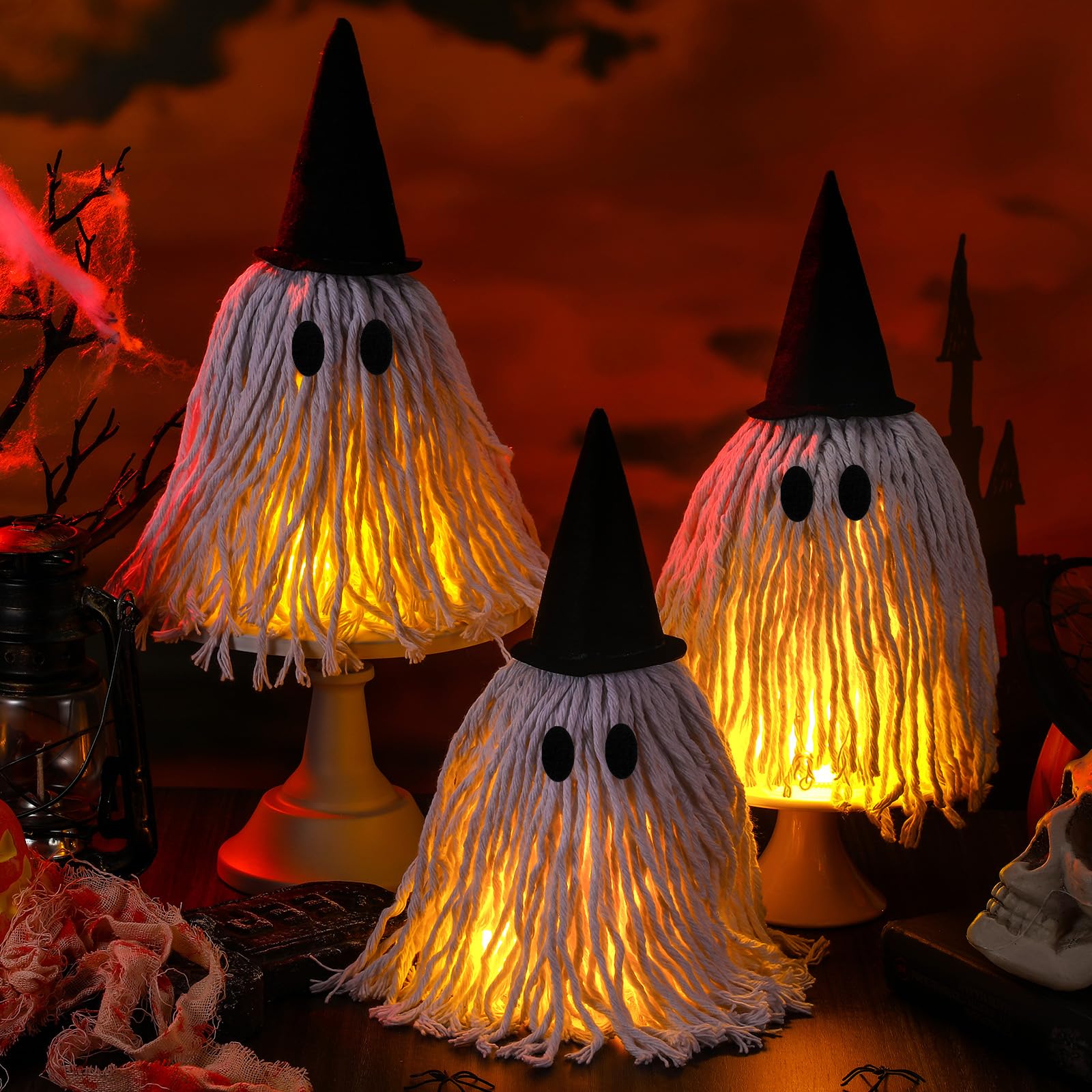 Newtay 3 Pack Halloween Light-up DIY Mop Ghosts Spooky Mophead Ghost Decor Mop Ghost & Witchy Jar Decor Halloween DIY Lighted Ghost Decor Exquisite Festival Gifts for Halloween Decorations Party