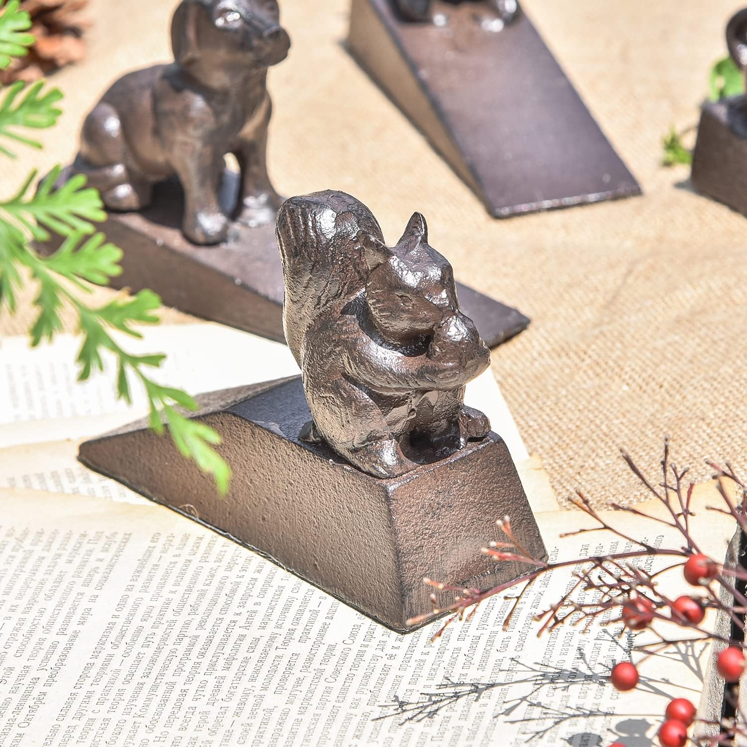 Sungmor Solid Cast Iron Door Stops with Non-Slip Mat - Powerful Resistance & Cute Squirrel & Antique Style - Decorative Door Stopper Wedge - Windproof Door Holder - Perfect for Any Kinds of Ground