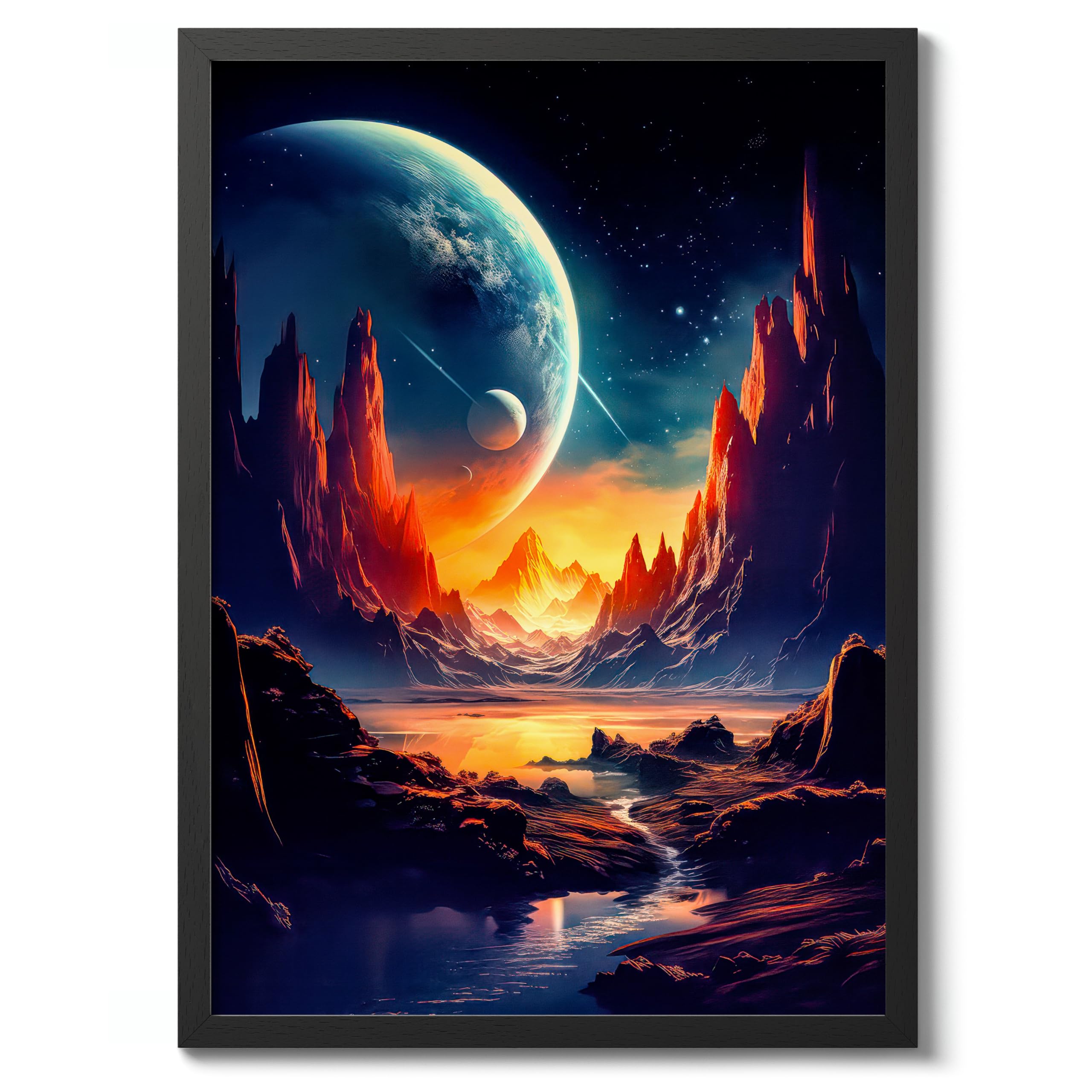Space Valley Space Poster, Colourful Abstract Astronomy Wall Art Home Decor, Astronaut Planets Print, Archival Matte, A1 (Black Frame) - 84.1x59.4cm