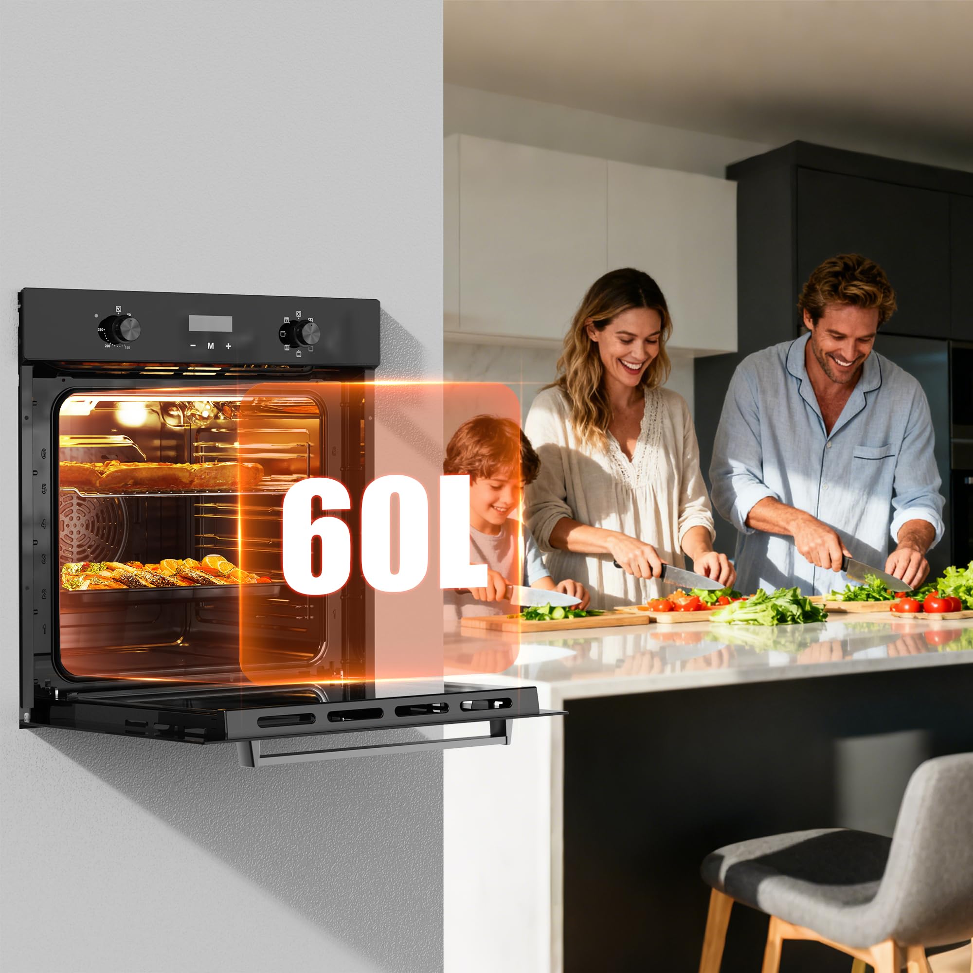 Four Encastrable 60CM avec Prise, 60 Litres, 2000W, 7 Fonctions, Bouton Rotatif+Table de Cuisson Vitrocéramique 3 Feux, 5700W, Plaque électrique Encastrable 60CM
