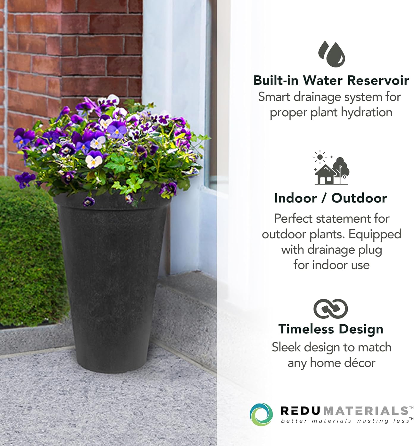 Tierra Verde 2-Pack Indoor & Outdoor Self-Watering Tall Round Planters, Aria, 12.5" x 20", Black - Planter Containers for Plants and Flowers - Gardening and Landscaping Accessories