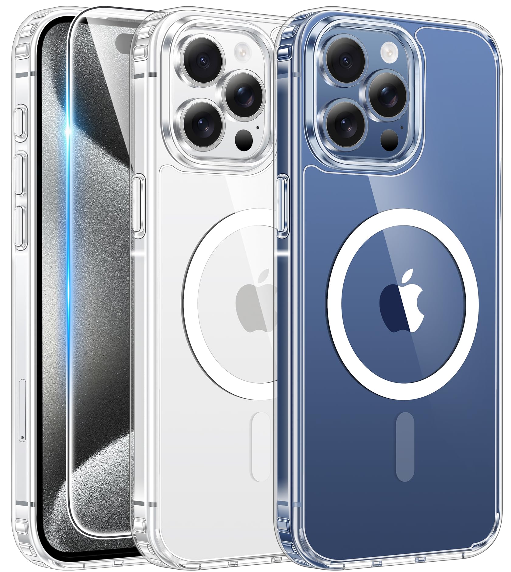 FNTCASE for iPhone 15 Pro-Max Case: Clear Magnetic Phone Cases with Screen Protector Compatible with Magsafe Slim Anti Yellowing Rugged Shockproof Protective Transparent Cell Cover (A-Clear)