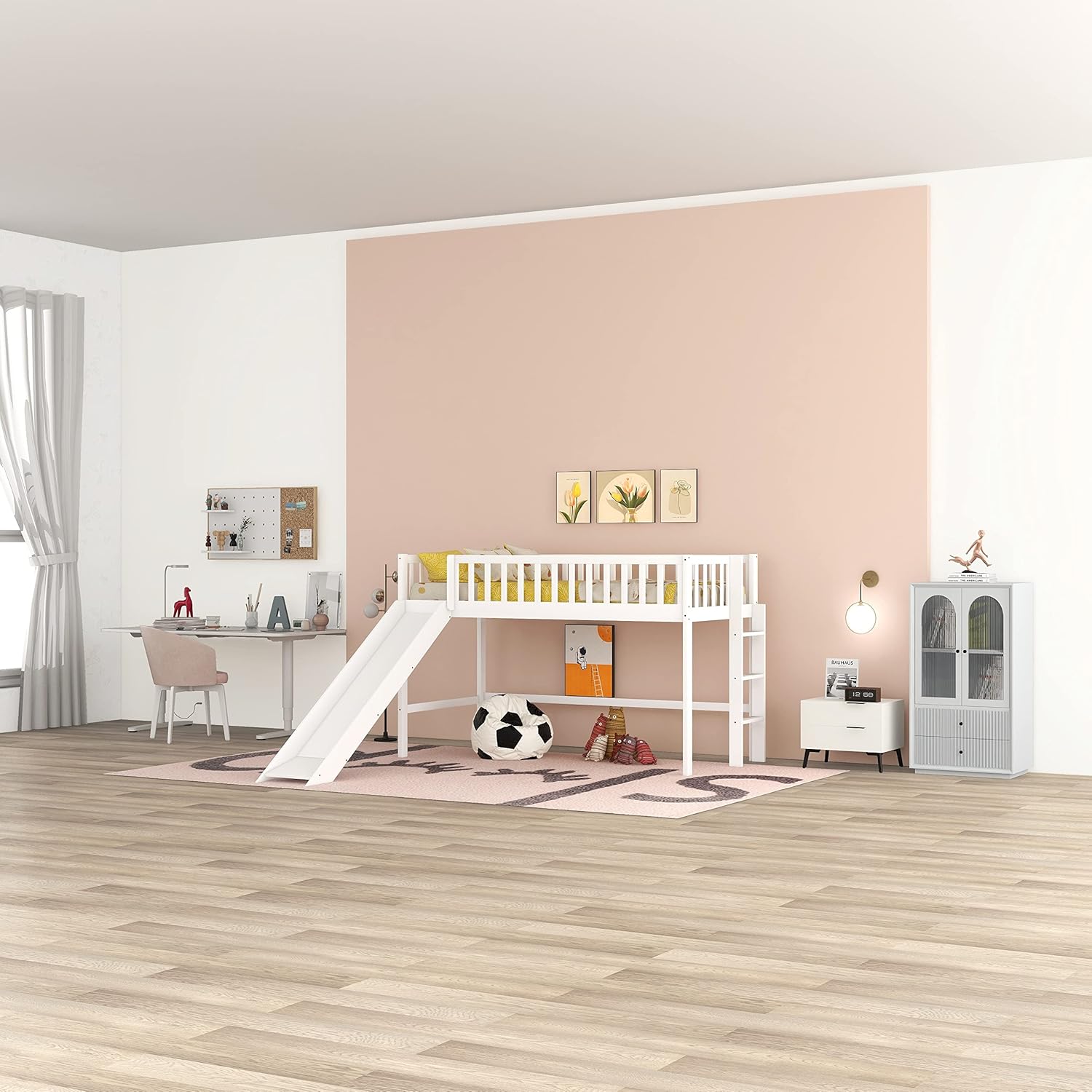 Harper & Bright Designs Low Loft Bed with Slide, Wood Twin Size Kids Loft Bed Frame with Ladder, Full-Length Guardrail for Kids Girls Boys, No Box Spring Needed (White)