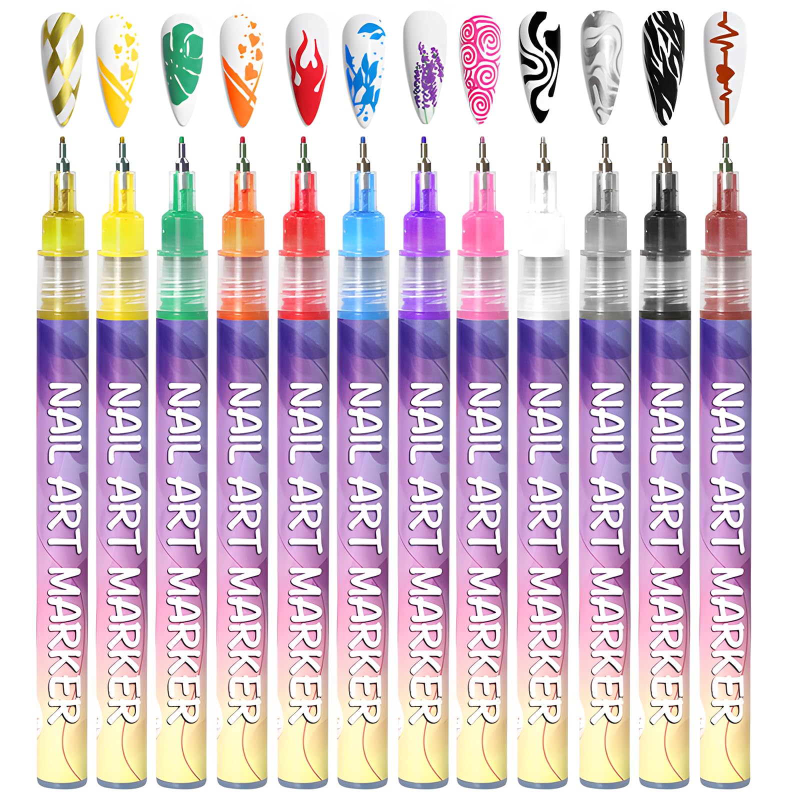 12 Colours Nail Art Pens Set, Fine Tip Nail Art Marker for Real Nails & Acrylic