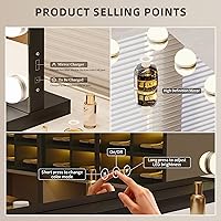 Vista 5 de Espejo de tocador con luces, espejo de maquillaje iluminado con bombillas LED regulables, 3 modos de iluminación de color, puerto de carga USB