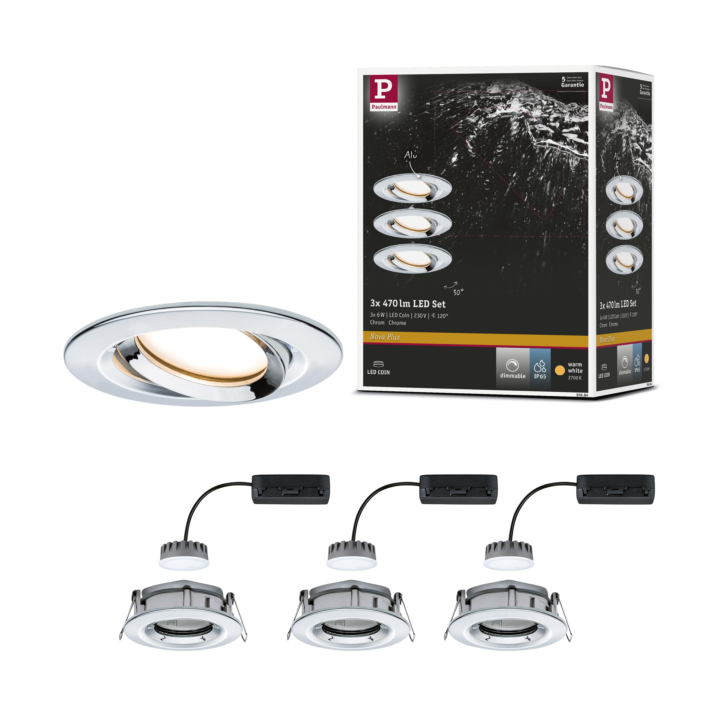 Paulmann 93684 Nova Plus LED Einbauleuchte 3er Set rund schwenkbar 3x6W IP65 dimmbar Einbaustrahler Chrom Spot Aluminium Einbaulampe 2700K