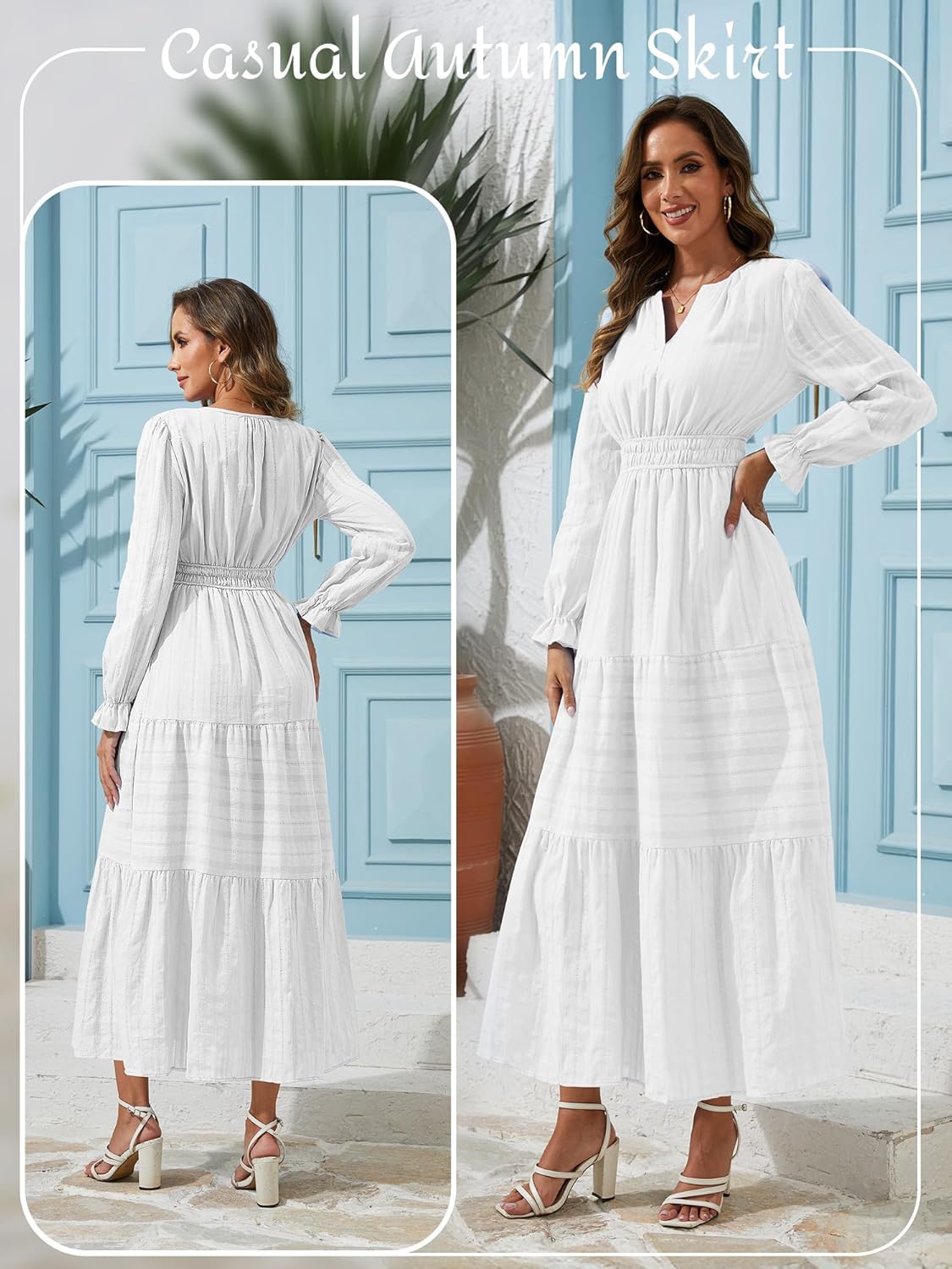 Women's Fall Maxi Dress Long Sleeve V Neck A Line Tiered Flowy Ruffle Boho Dress for Wedding Guest Cocktail Party - Image 5