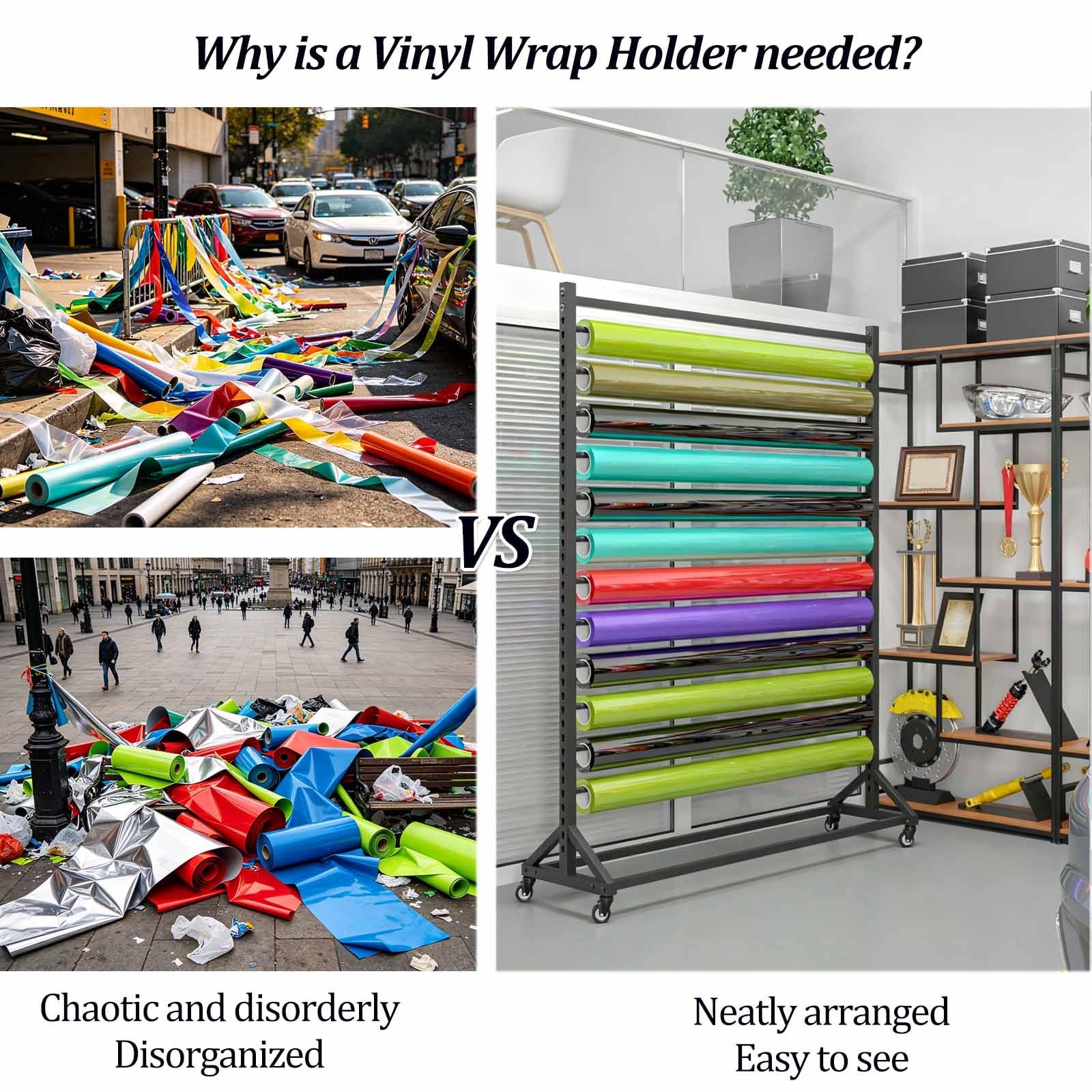 Expositor vinilo rotulación coches, soporte para rollos vinilo con ruedas | Espaciado ajustable, organizador vertical para vinilo, para papel pintado, rollos de tela y manteles, negro(6-tier)