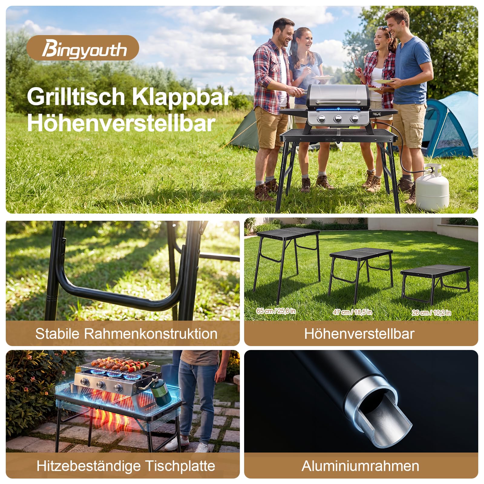 Campingtisch klappbar 60 x 40 cm, Grilltisch klappbar höhenverstellbar 26/47/65 cm, leichter Metalltisch 2,4 kg mit Gitterplatte, Camping Tisch bis 30 kg für BBQ, Picknick, Garten, Balkon