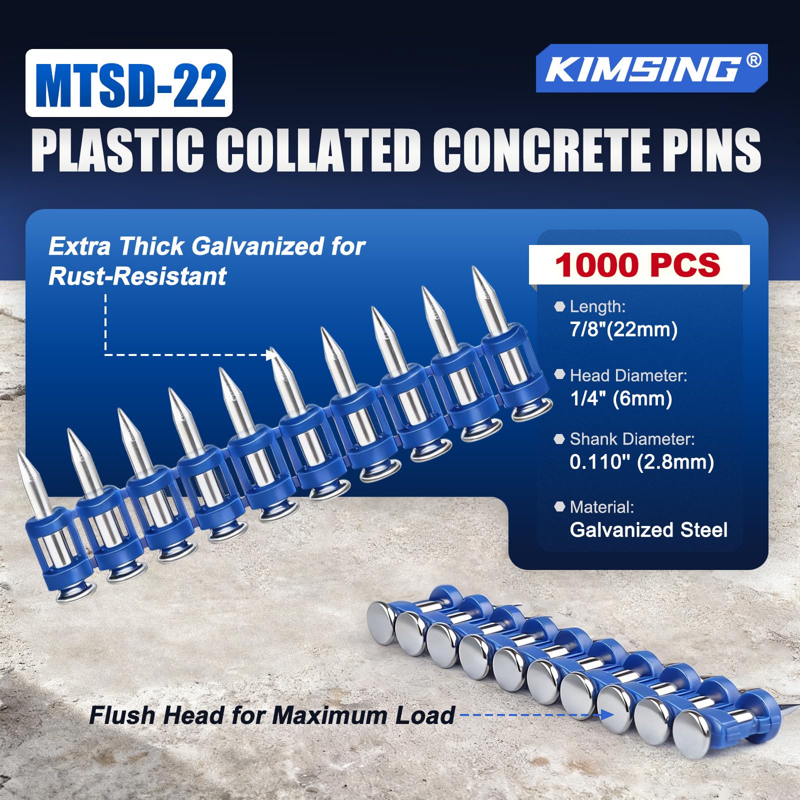 KIMSING MTSD-22 12 Gauge 7/8" x .109" Tige lisse Plastique Collision Béton et Acier Drive Pin Mécanique Galvanisé pour Gaz Power Béton et Acier Cloueuse 1000 PCS/Boîte (1, Boîte)