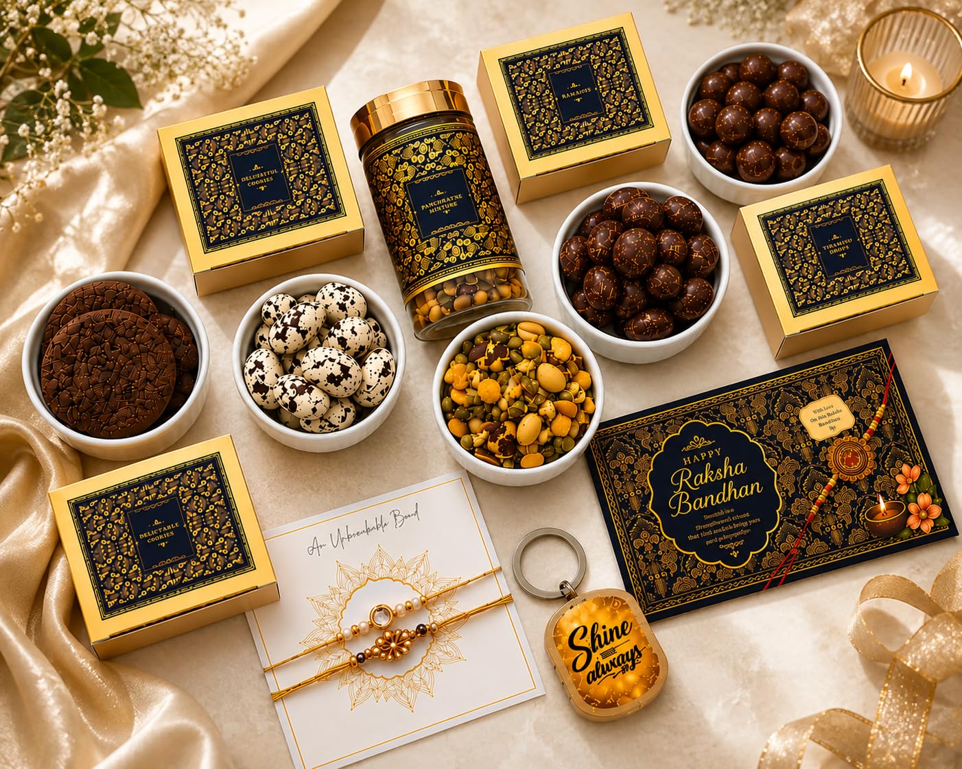 NutriSnacksBox Rakhi Gift for Brother Cholocolate Delight Rakshabandhan Gift Combo Box | 2 Rakhi for Brother | Chocolates | Pooja Thali | Roli Chawal | Tikka Stick | Best Rakhi Gift for Brother (Golden White Hamper)-image-29