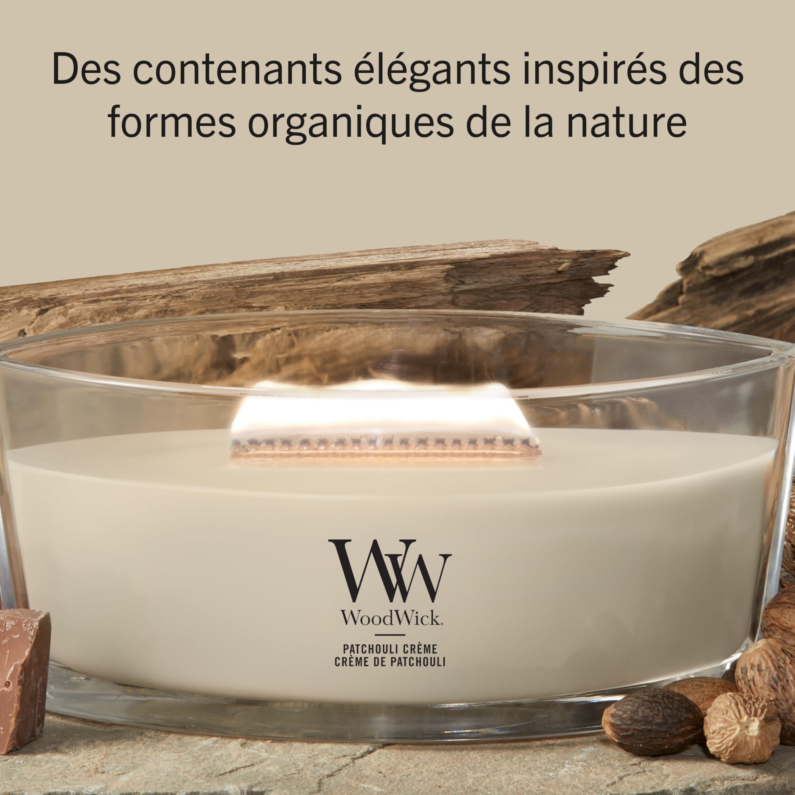 WoodWick Bougie parfumée avec mèche crépitante | Bougie Ellipse Patchouli Crème | Bougies à combustion longue : Jusqu’à50pk heures de combustion | Le cadeau parfait pour les femmes