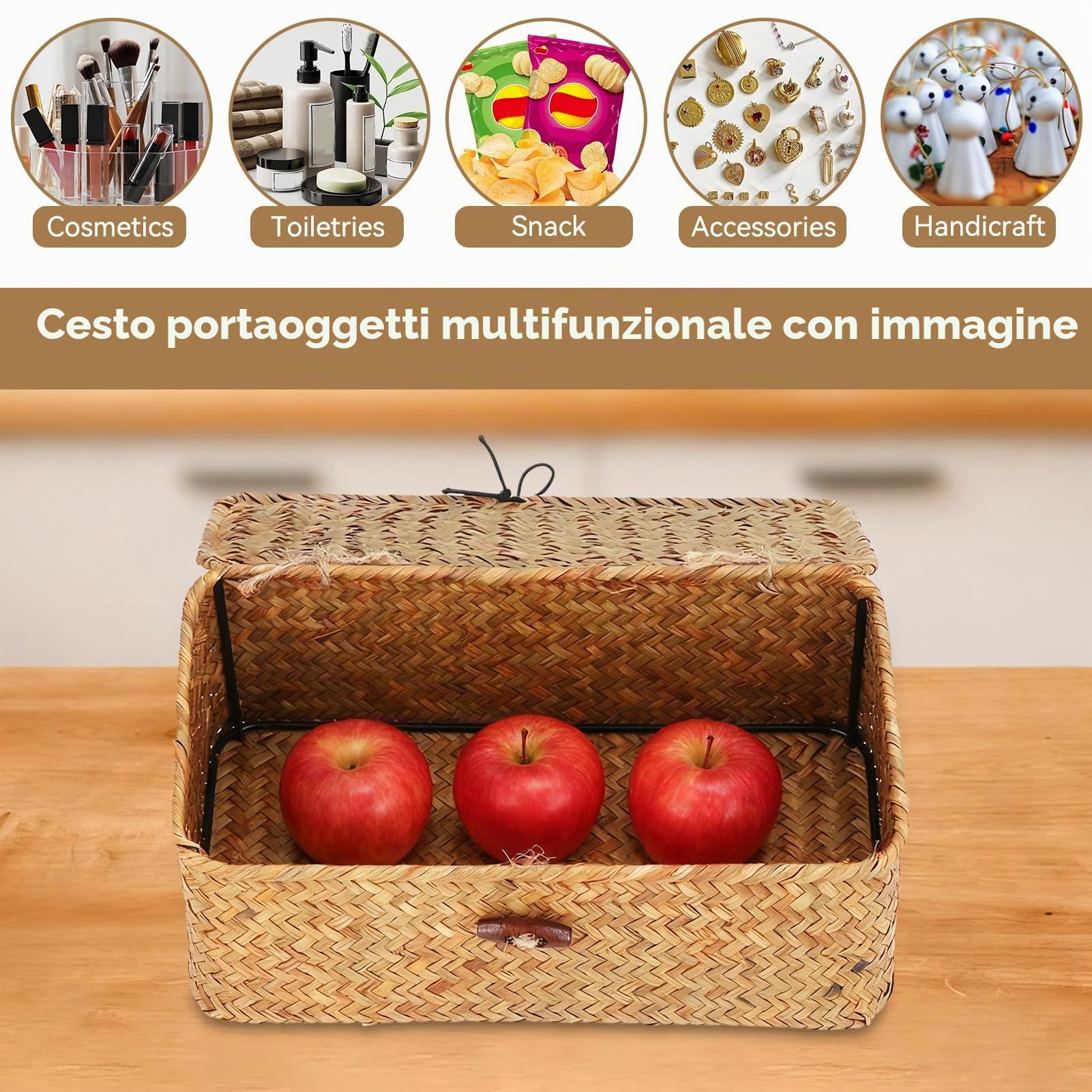 Cesto di stoccaggio con coperchio e rettangolare cesto intrecciato bidoni dell'organizzatore decorativo per l'organizzatore per la casa desktop. (M)