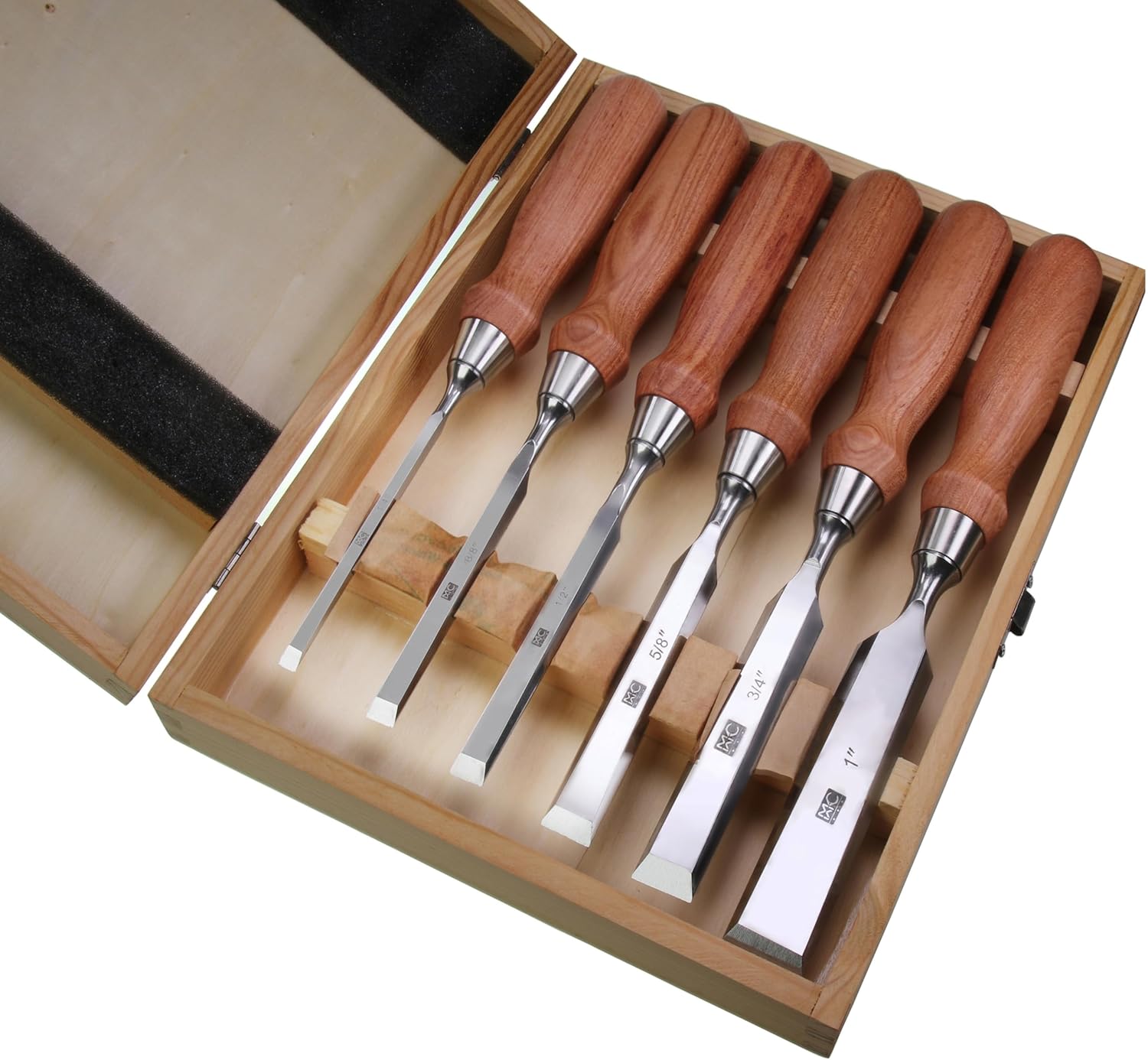 6 Piece Bevel Edge Wood Chisel Set 1/4'(6mm), 3/8'(10mm), 1/2'(12mm), 5/8'(16mm), 3/4'(20mm), 1'(26mm) with rosewood Handles, Stainless Steel Ferrules, mirror polishing finished, wooden box packing