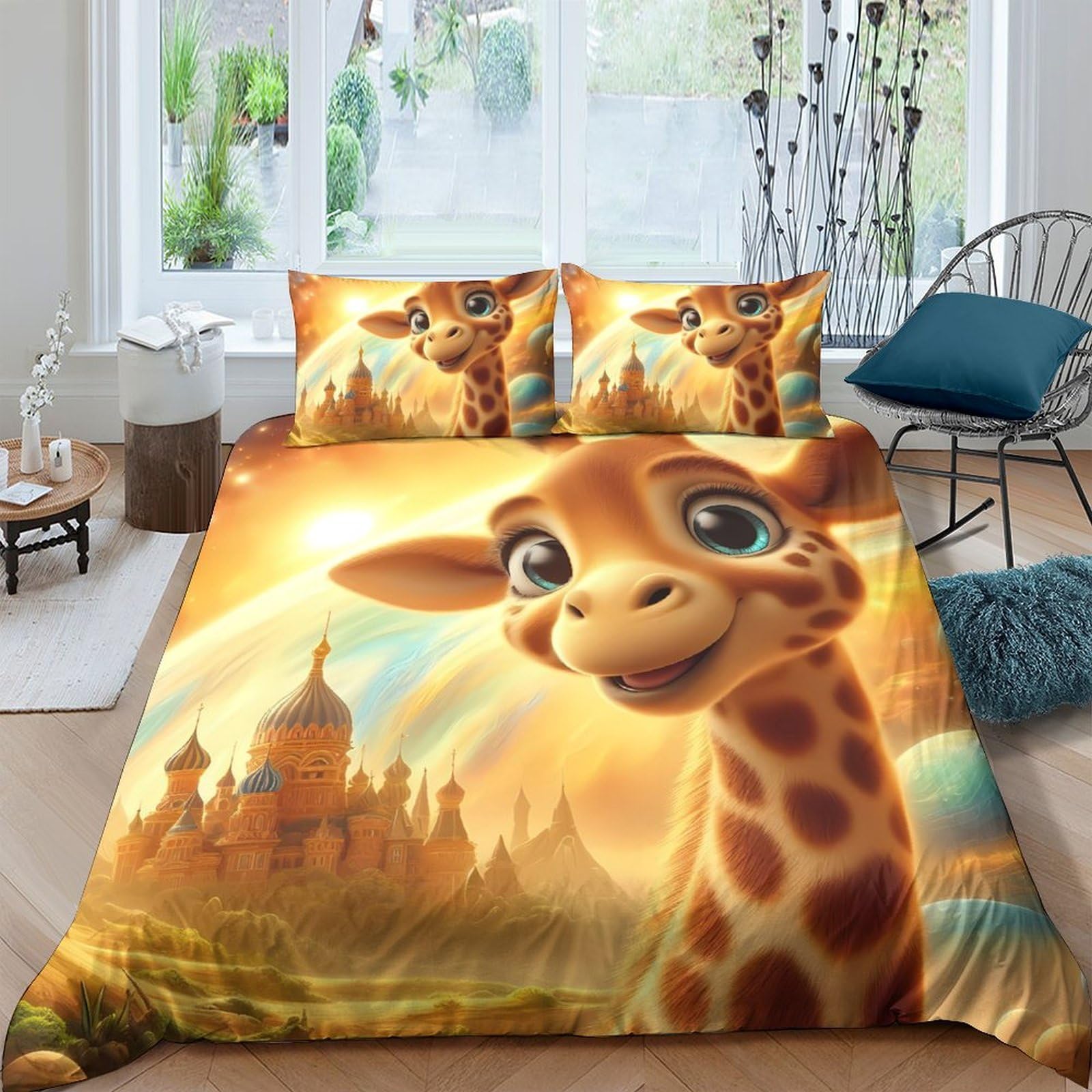 GPLZQXKJNH 3D Printed Cartoon Giraffe Duvet Cover Microfiber Bedding Set with 2 Pillowcases for Bedroom Rental Apartment Soft Breathable Animal Landscape Single（135x200cm）