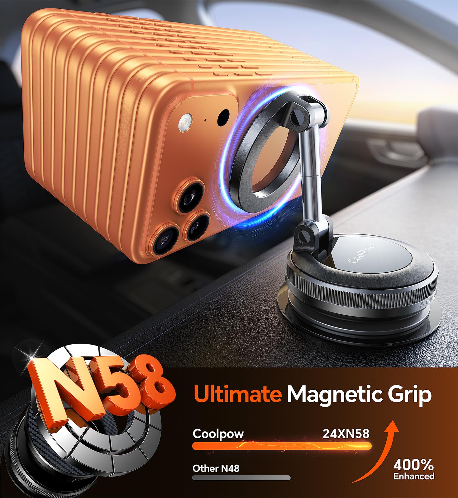 Coolpow for Magsafe Car Mount Vacuum Magnetic Phone Holder for Cars【Greater Stability】 Car Phone Holder for Car Accessories for Women Men Dash Mounting Frames for iPhone 17 16 15 14 & Samsung — view 3