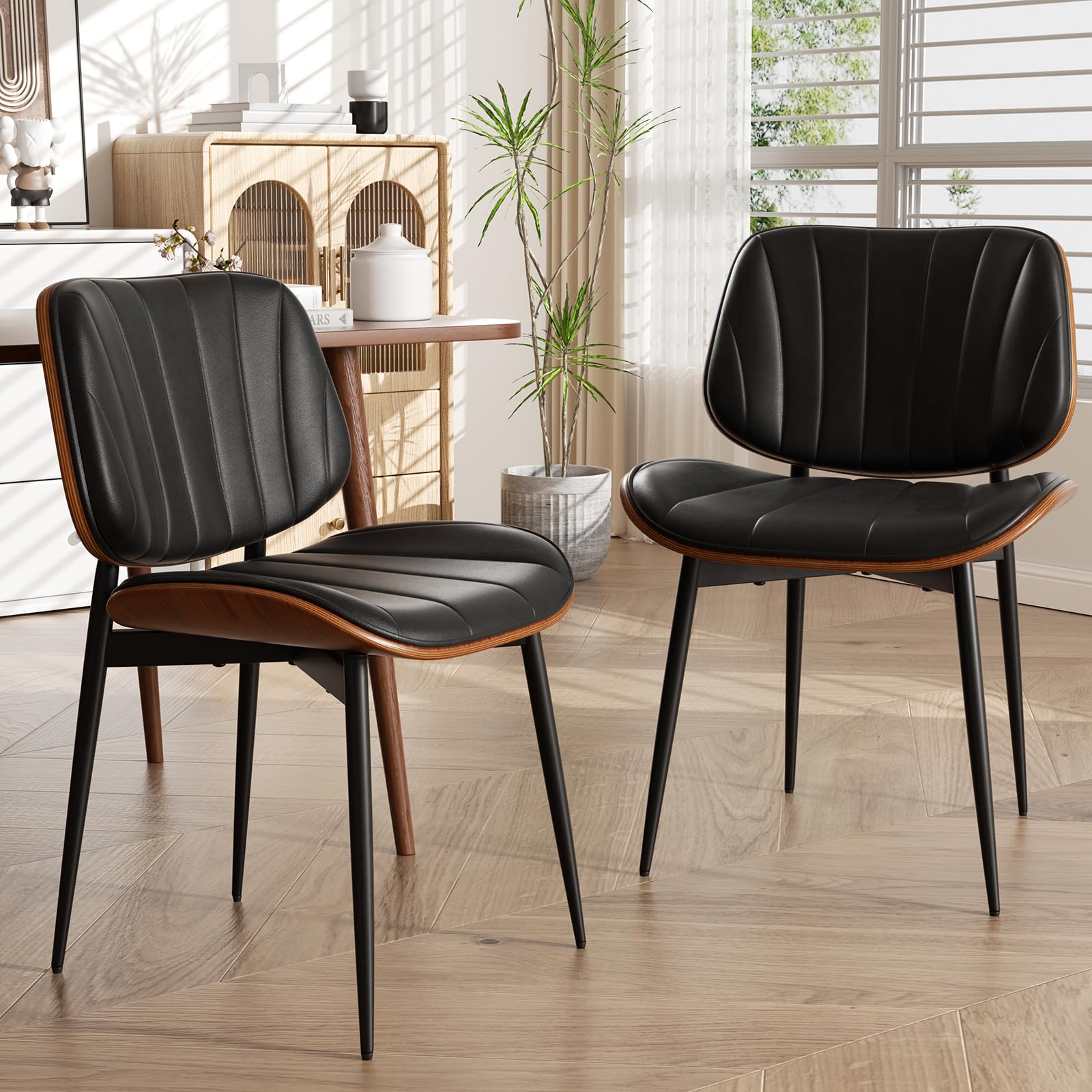 Dining Chairs Set of 2, Mid Century Modern Dining Room Chair, Upholstered Faux Leather Kitchen Chairs with Walnut Bentwood Back and Metal Legs for Kitchen Dining Room Living Room, Black