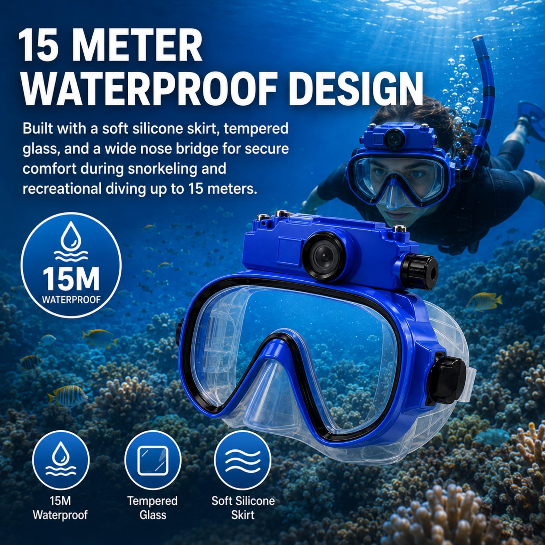 Gafas de Buceo con Cámara 2K, Impermeables hasta 15m y Lente Gran Angular para Snorkel