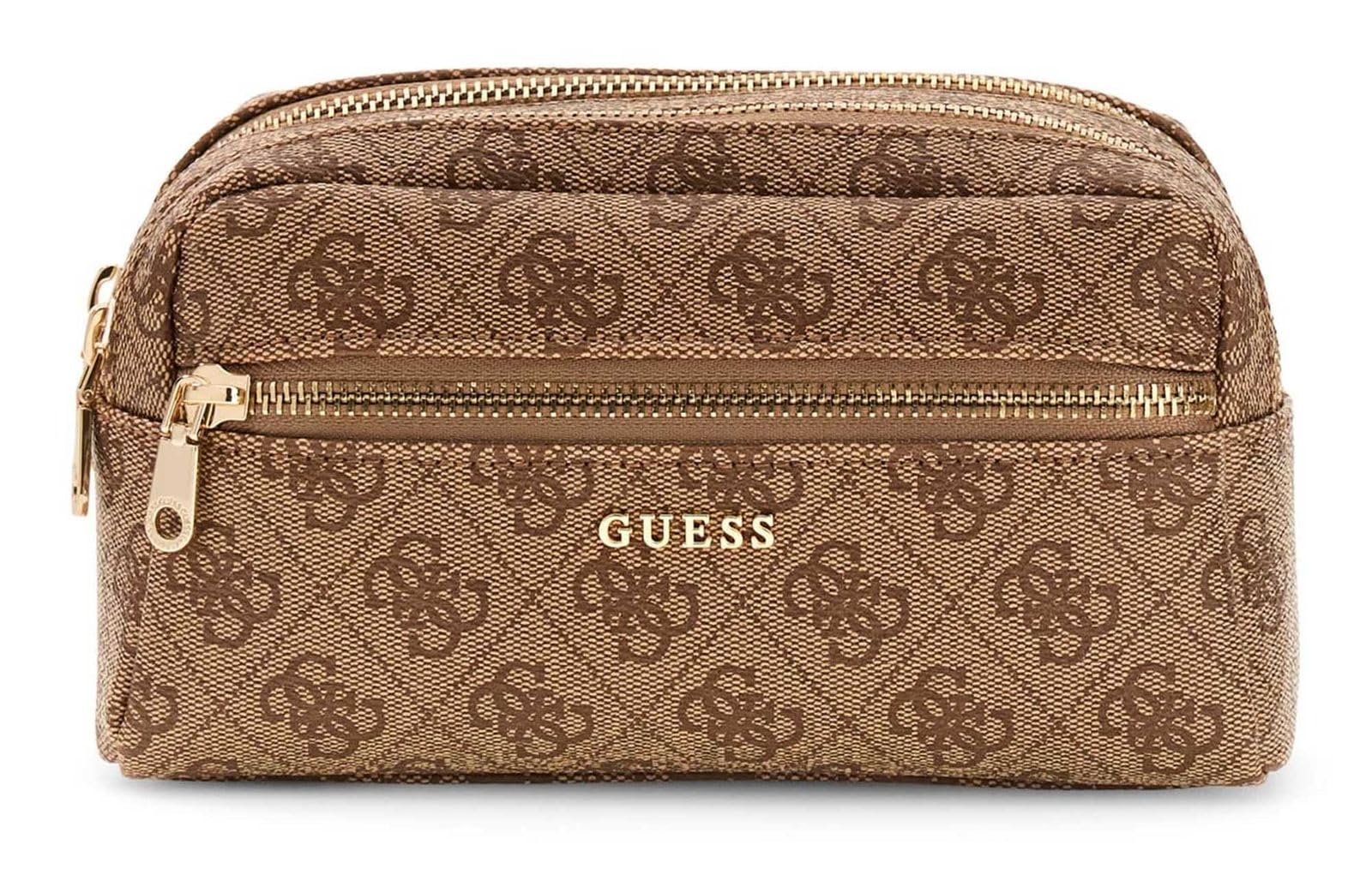 GUESS Utensilientasche Kulturbeutel Double Zip Organizer Latte Logo hellbraun