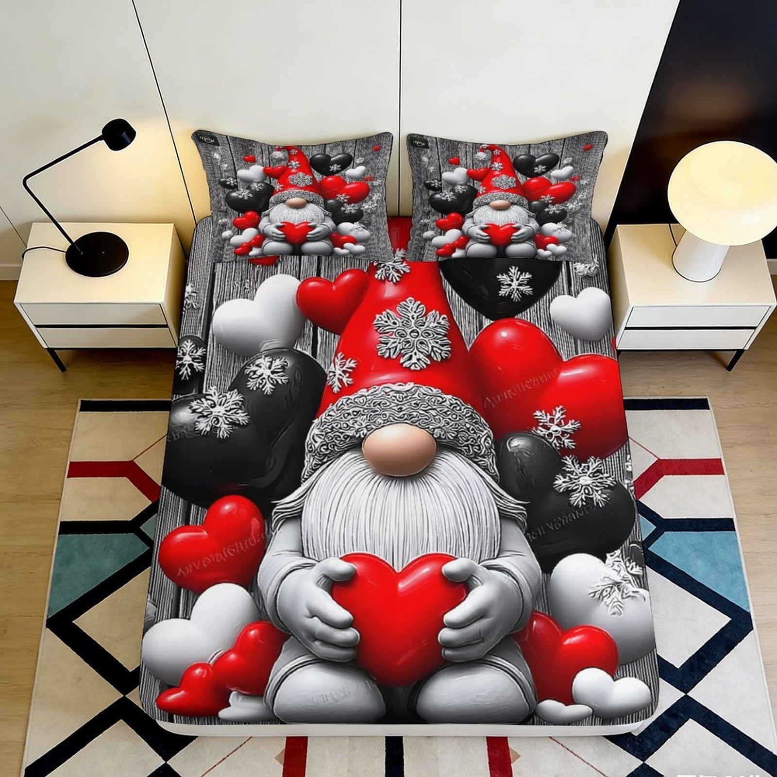 3D Printed Gnome Heart Fitted Sheet Microfiber Anti-Slip Red Black White Mattress Cover for Bedroom Dorm Decor 200x200x25cm