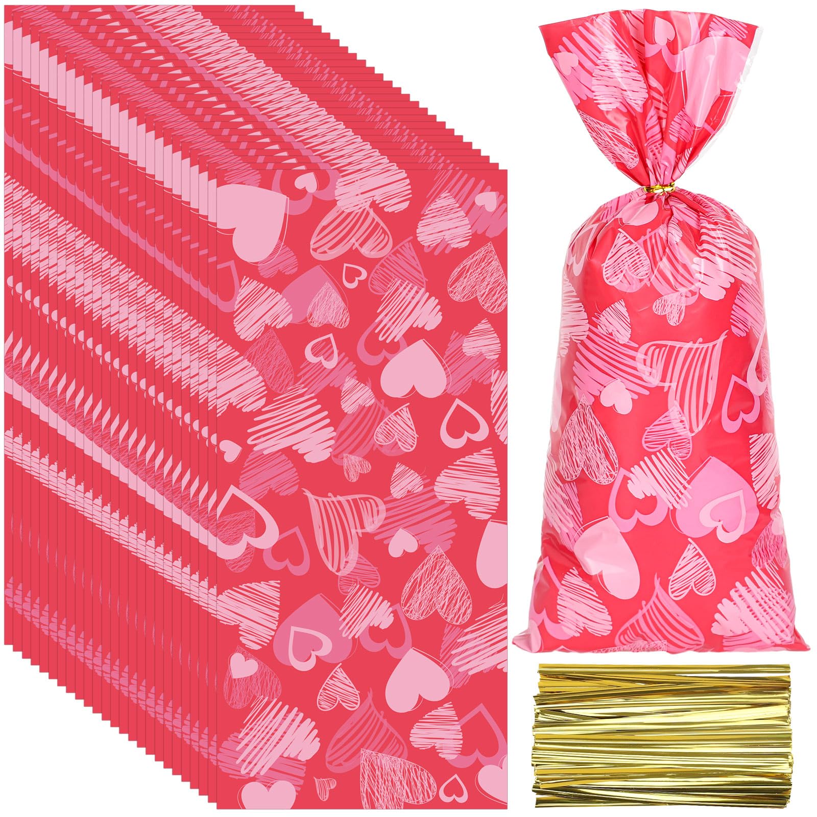 Whaline 120 Pcs Valentines Treat Bags Valentine Heart Cellophane Bags with 120 Pcs Twist Ties for Valentine's Day Anniversary Party Snack Cookie